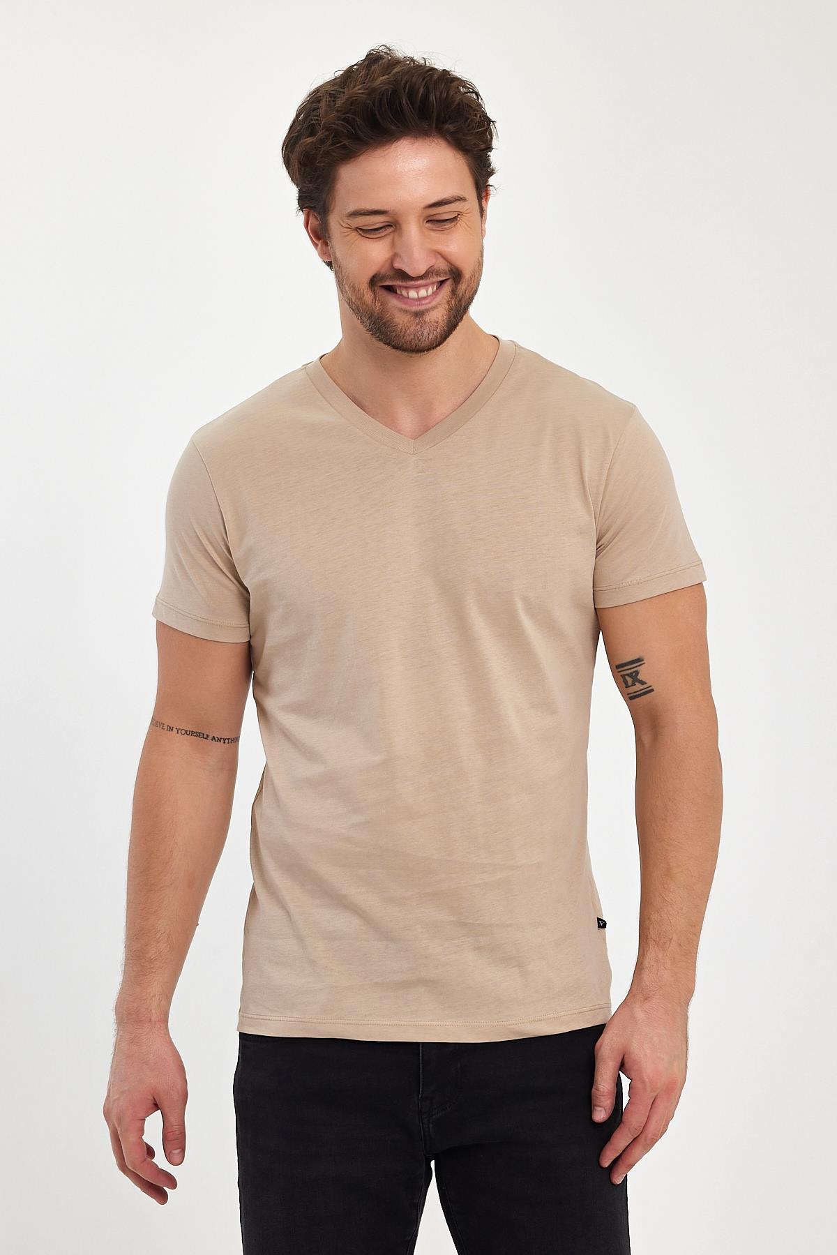 FİHA/9035-ERKEK COMPACT PENYE V YAKA T-SHIRT - OXFORD TAN