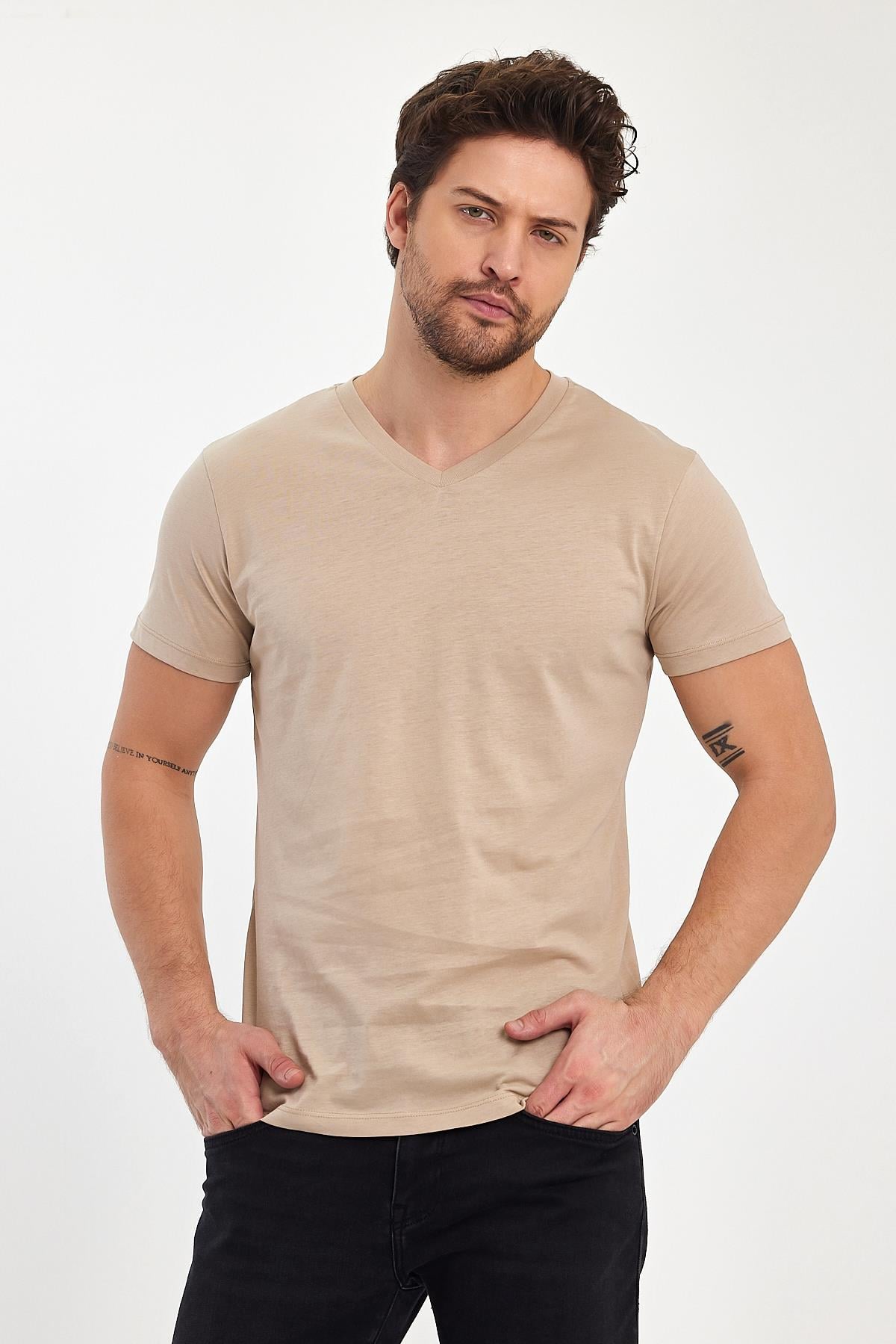 FİHA/9035-ERKEK COMPACT PENYE V YAKA T-SHIRT - OXFORD TAN
