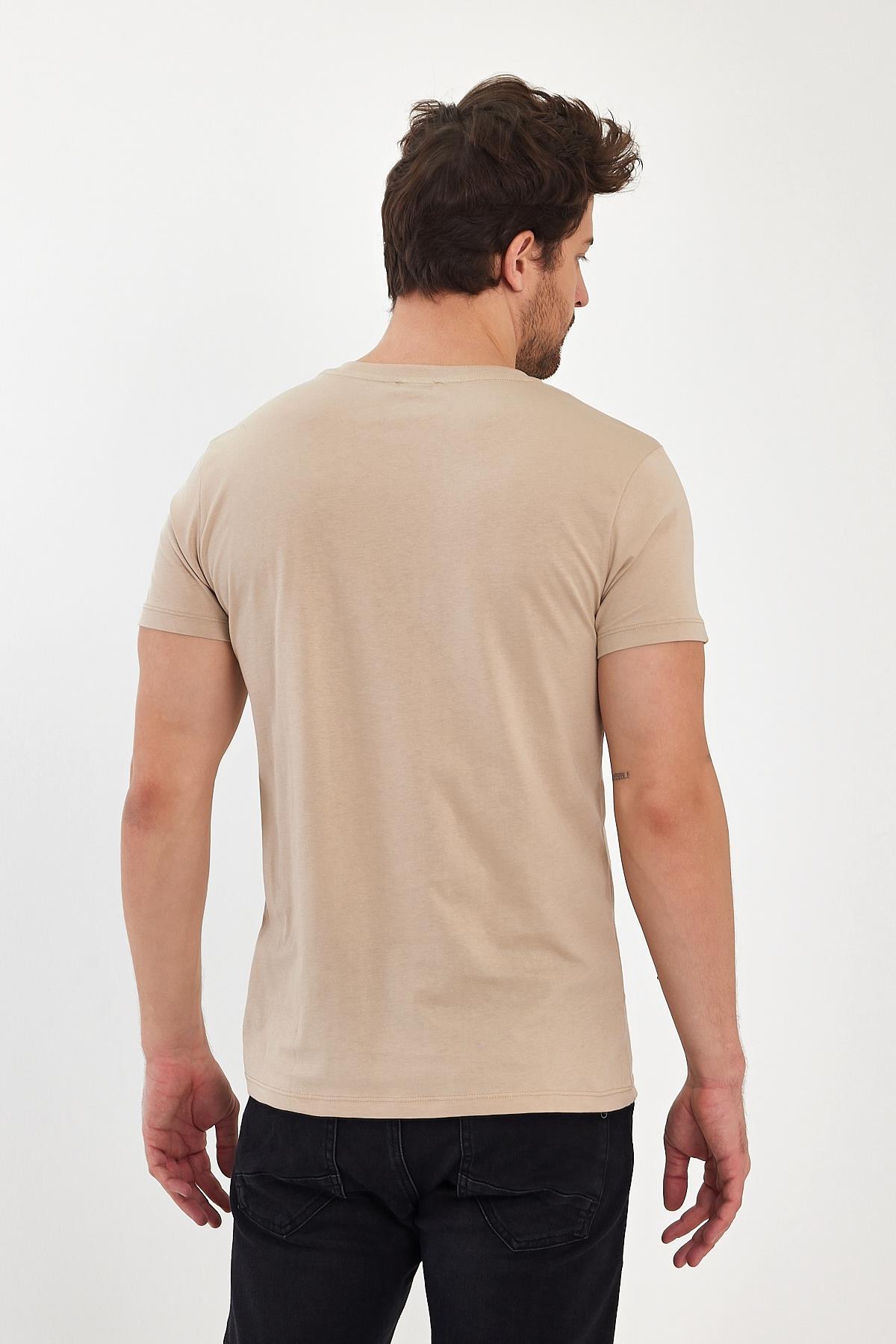 FİHA/9035-ERKEK COMPACT PENYE V YAKA T-SHIRT - OXFORD TAN