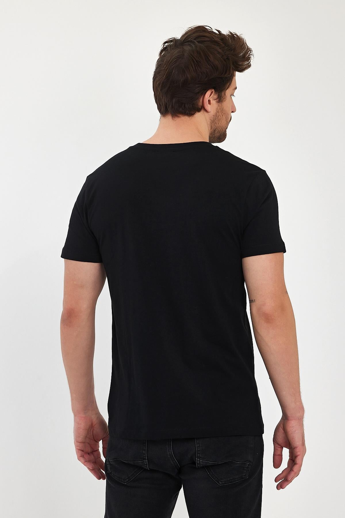 FİHA/9035-ERKEK COMPACT PENYE V YAKA T-SHIRT - SİYAH