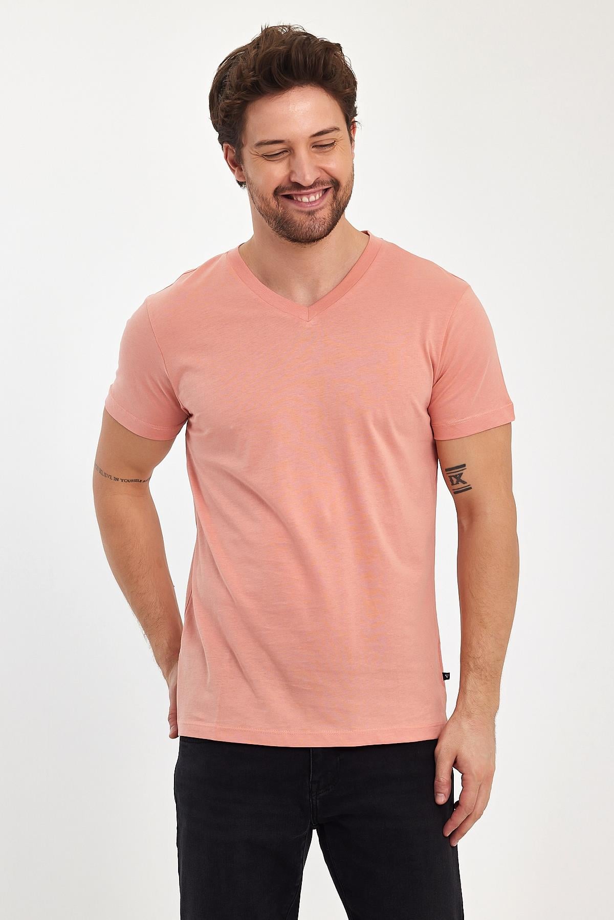 FİHA/9035-ERKEK COMPACT PENYE V YAKA T-SHIRT - APRICOT CRUSH