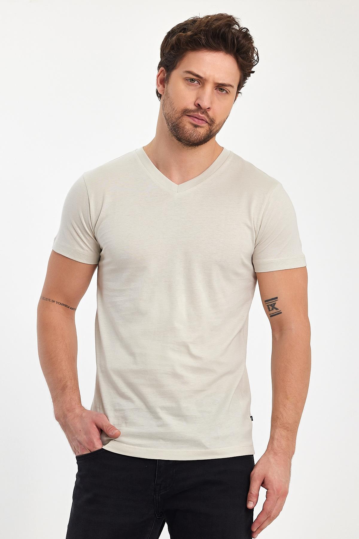 FİHA/9035-ERKEK COMPACT PENYE V YAKA T-SHIRT - TAŞ