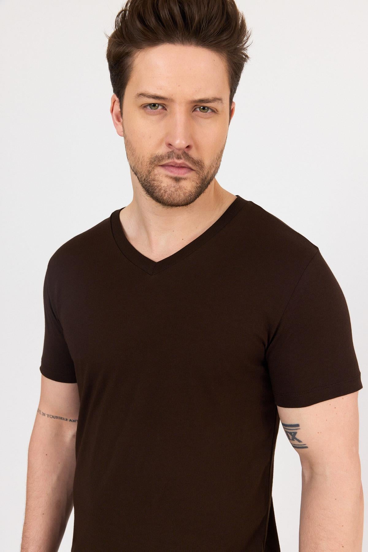 FİHA/9035-ERKEK COMPACT PENYE V YAKA T-SHIRT - KAHVE