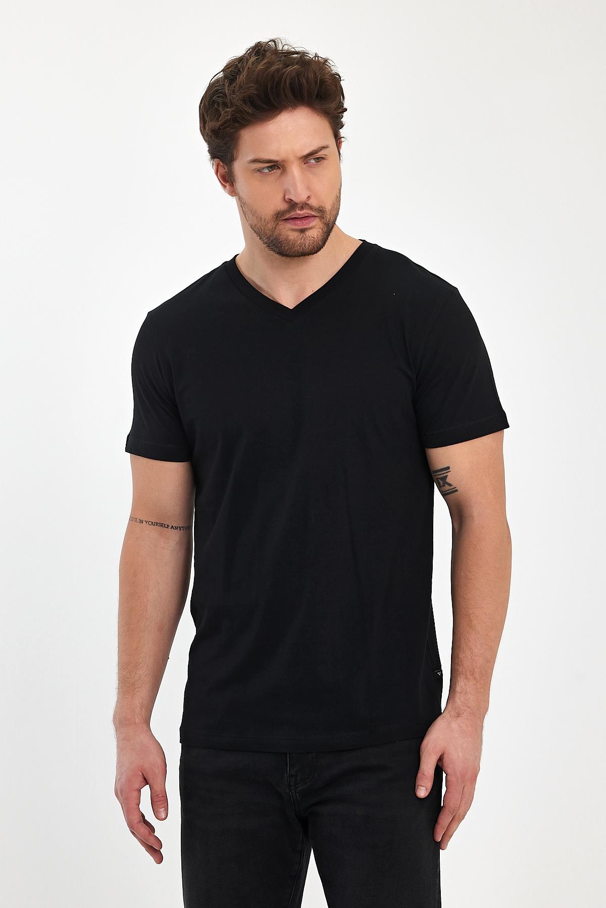 FİHA/9035-ERKEK COMPACT PENYE V YAKA T-SHIRT - SİYAH