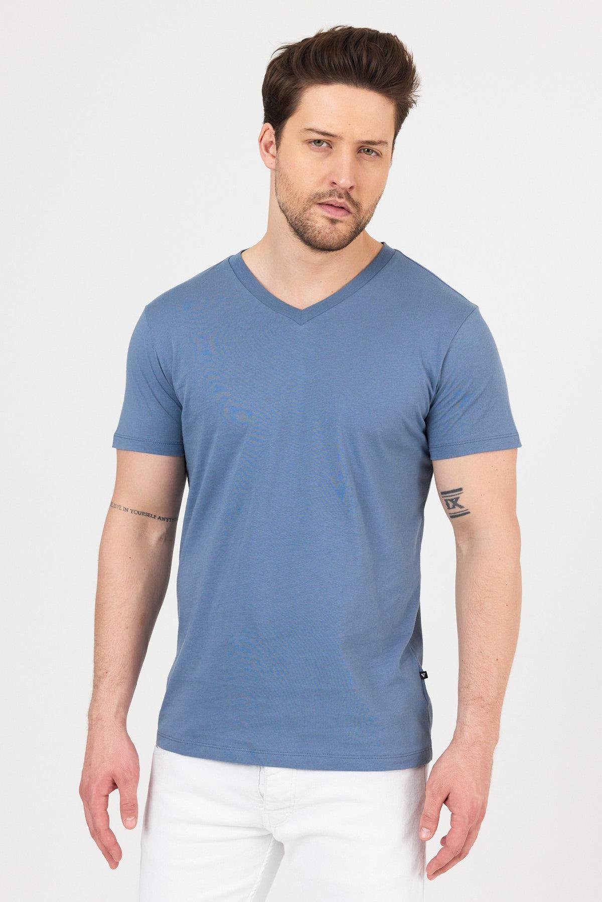 FİHA/9035-ERKEK COMPACT PENYE V YAKA T-SHIRT - TURKUAZ