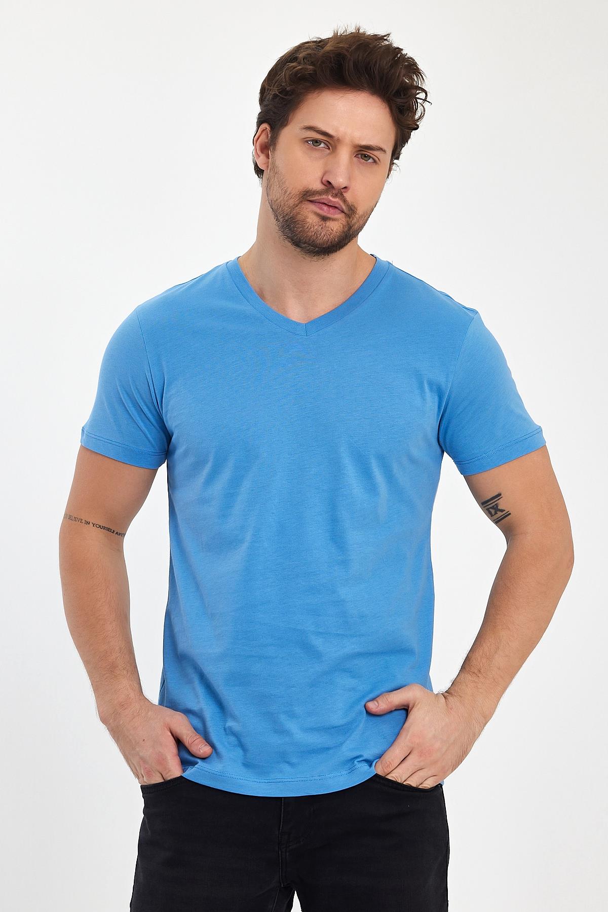 FİHA/9035-ERKEK COMPACT PENYE V YAKA T-SHIRT - LICHEN BLUE