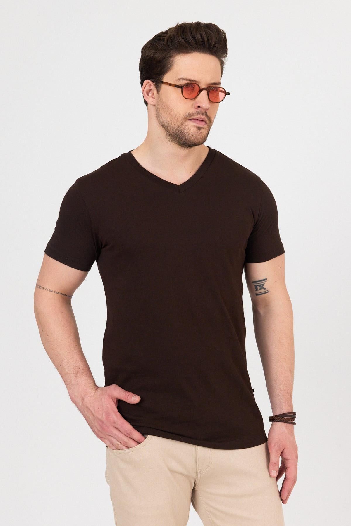 FİHA/9035-ERKEK COMPACT PENYE V YAKA T-SHIRT - KAHVE