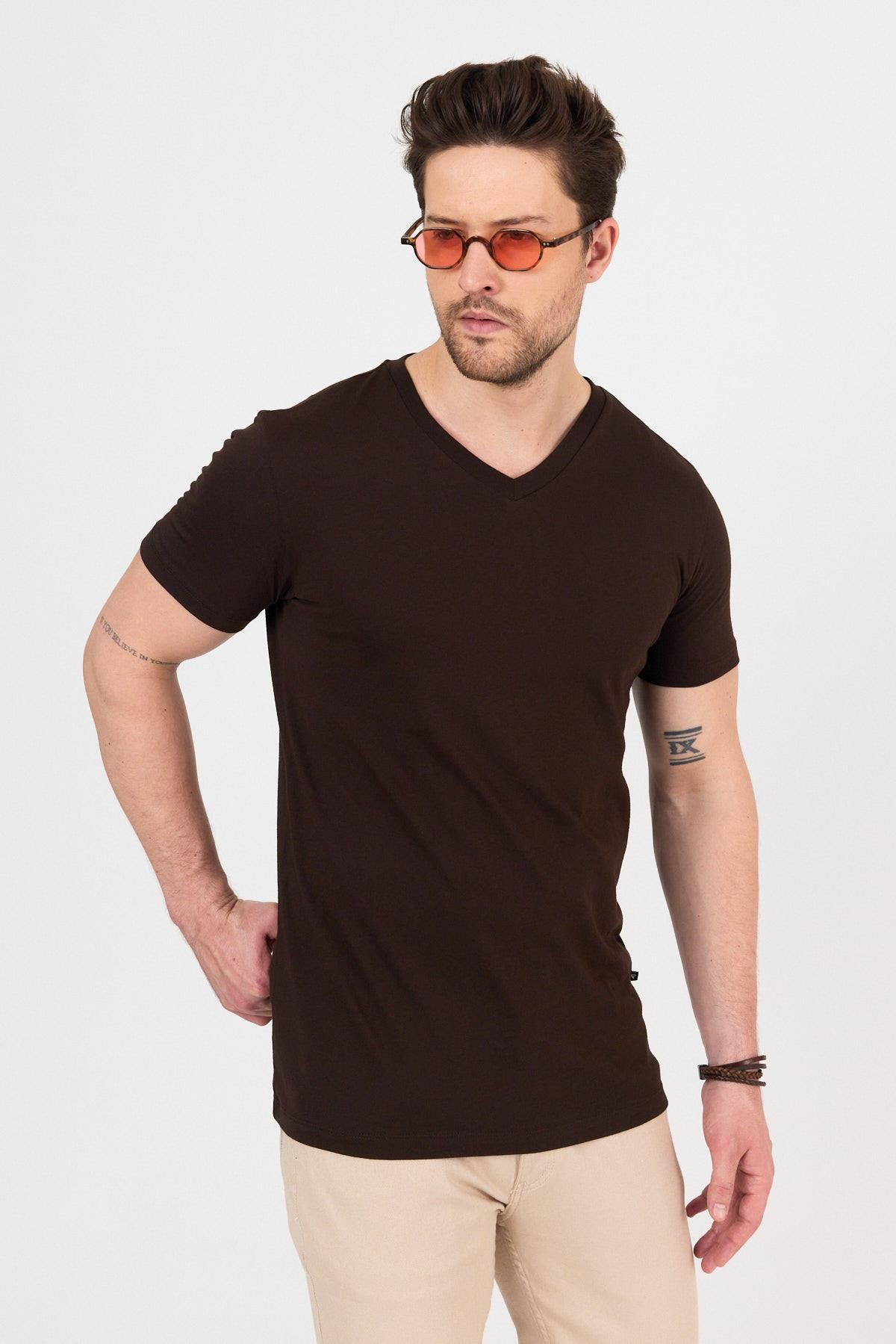 FİHA/9035-ERKEK COMPACT PENYE V YAKA T-SHIRT - KAHVE