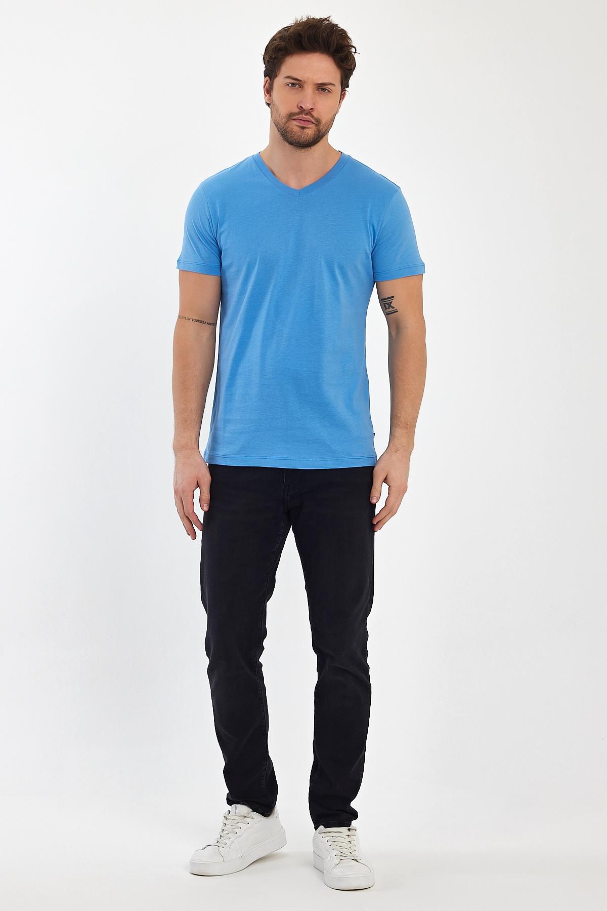 FİHA/9035-ERKEK COMPACT PENYE V YAKA T-SHIRT - LICHEN BLUE