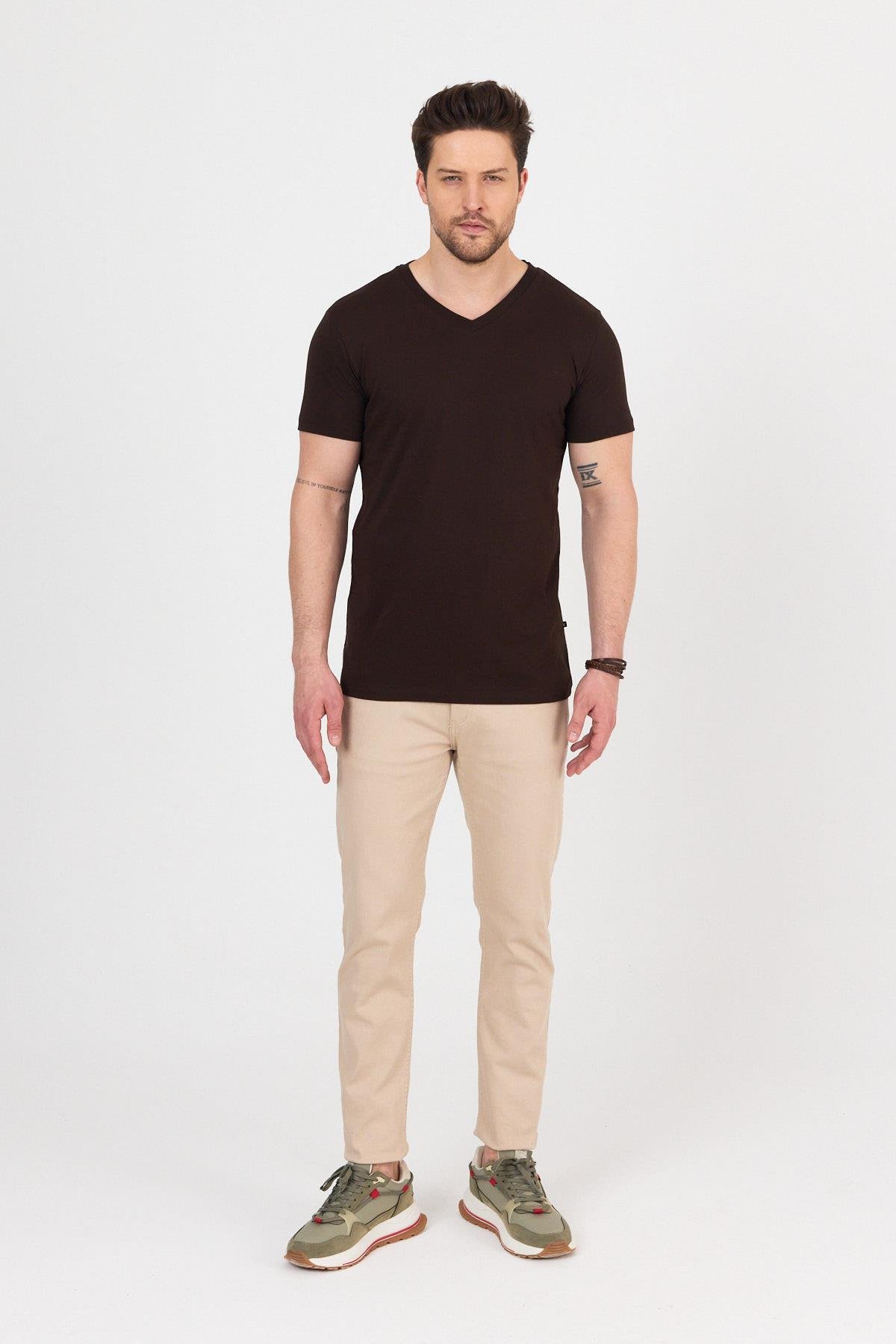 FİHA/9035-ERKEK COMPACT PENYE V YAKA T-SHIRT - KAHVE