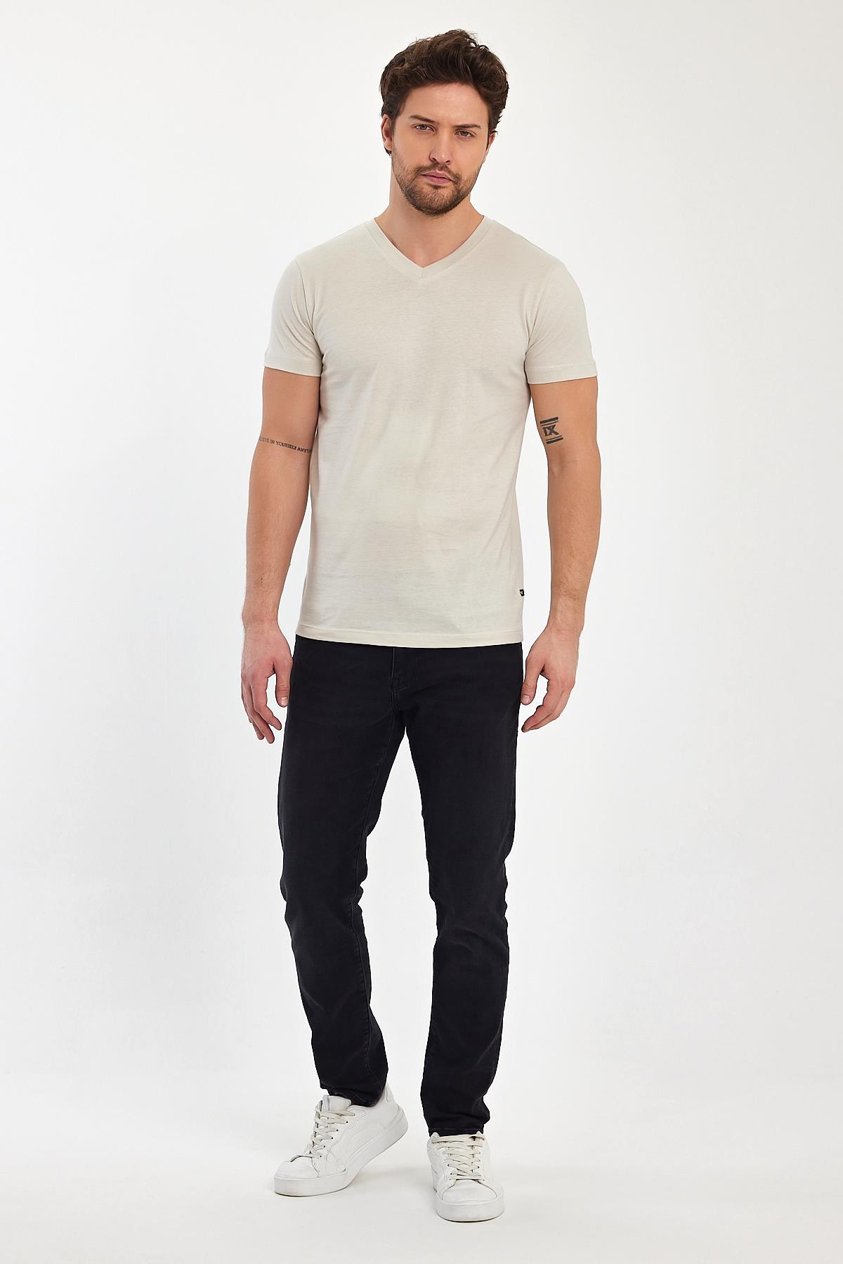 FİHA/9035-ERKEK COMPACT PENYE V YAKA T-SHIRT - TAŞ