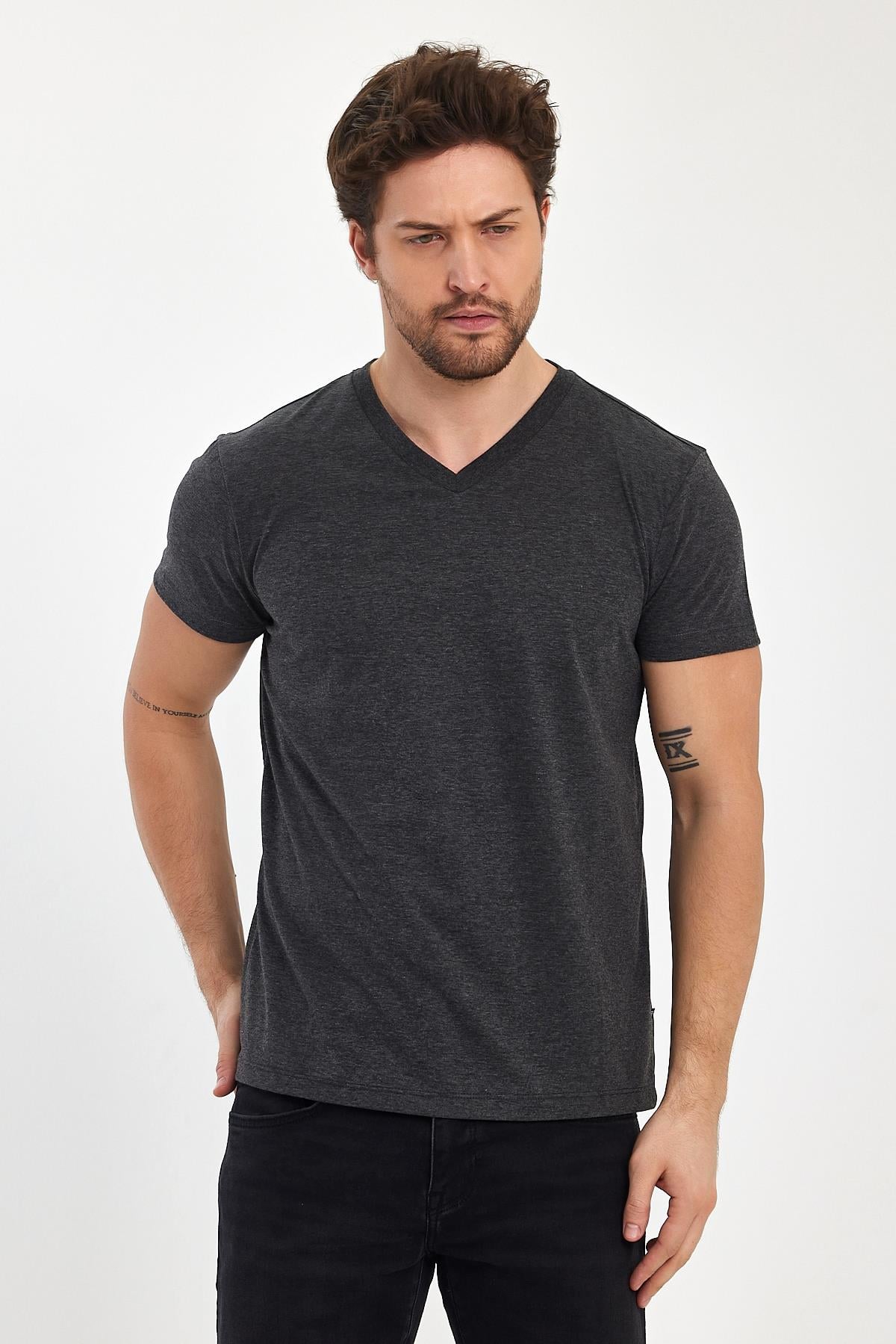 FİHA/9035-ERKEK COMPACT PENYE V YAKA T-SHIRT - ANTRASİT