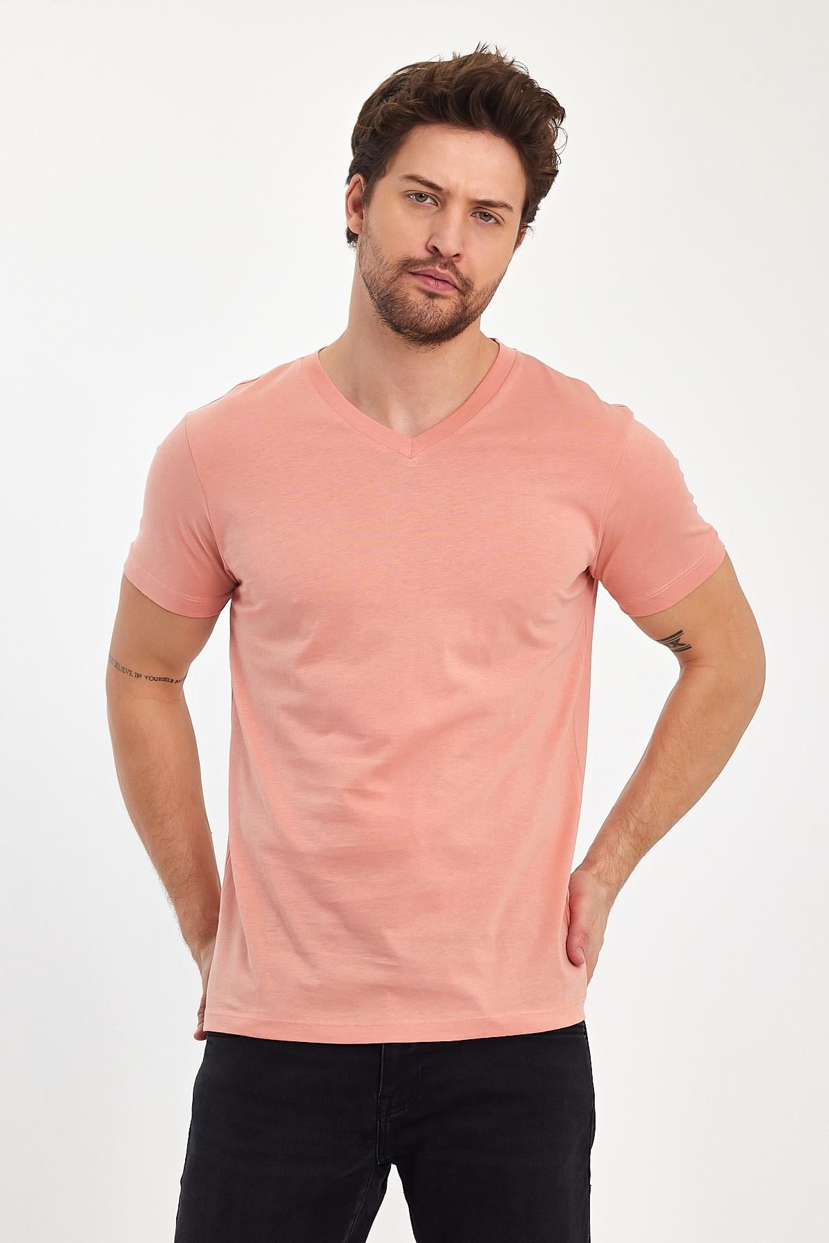 FİHA/9035-ERKEK COMPACT PENYE V YAKA T-SHIRT - APRICOT CRUSH