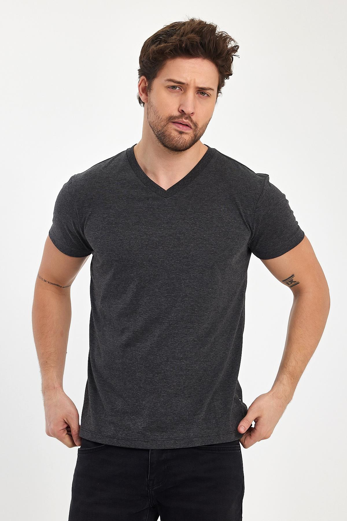 FİHA/9035-ERKEK COMPACT PENYE V YAKA T-SHIRT - ANTRASİT