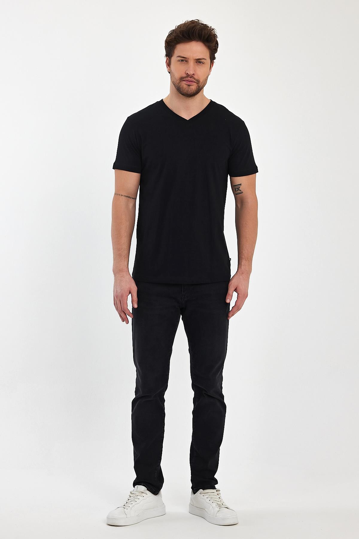 FİHA/9035-ERKEK COMPACT PENYE V YAKA T-SHIRT - SİYAH