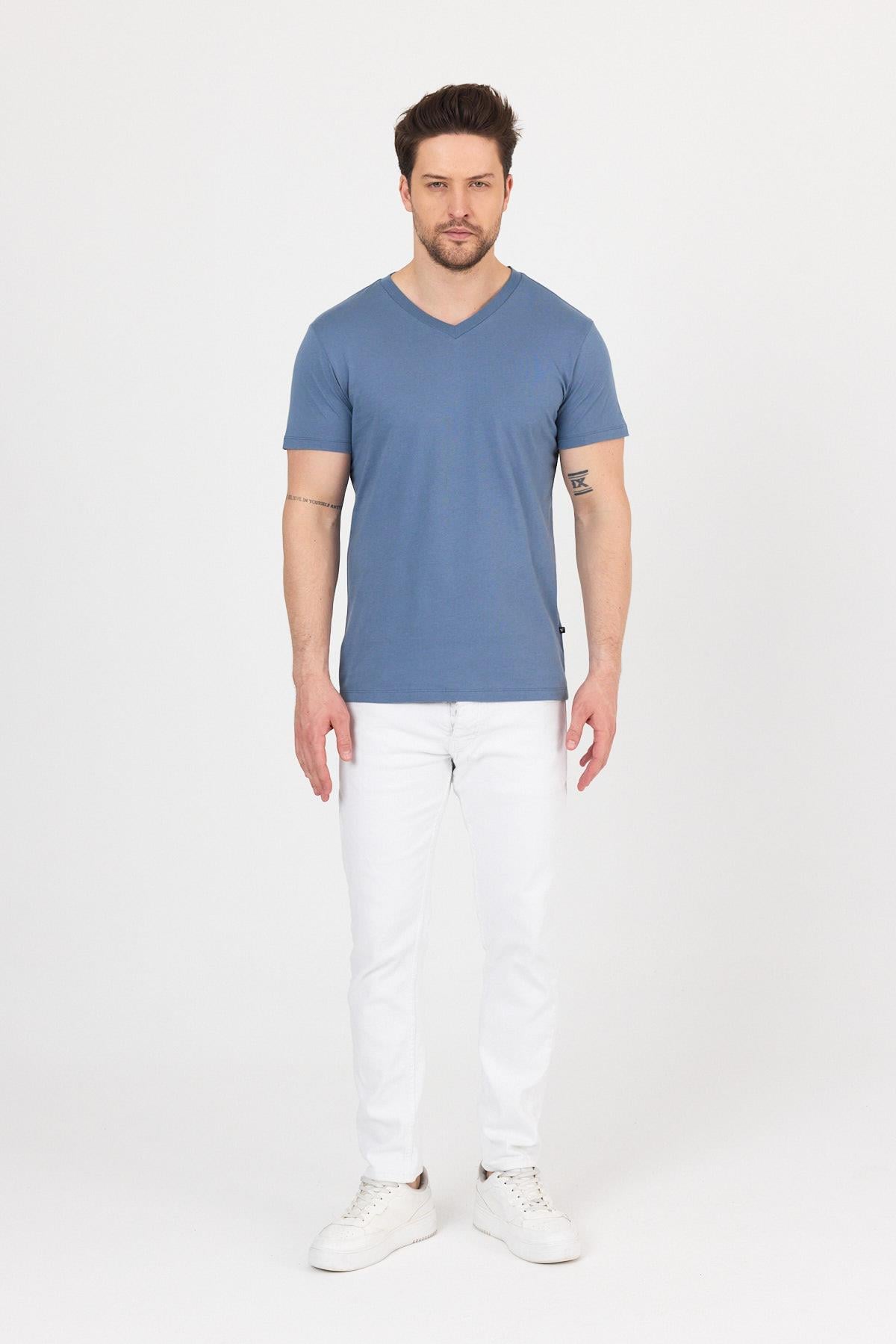 FİHA/9035-ERKEK COMPACT PENYE V YAKA T-SHIRT - TURKUAZ