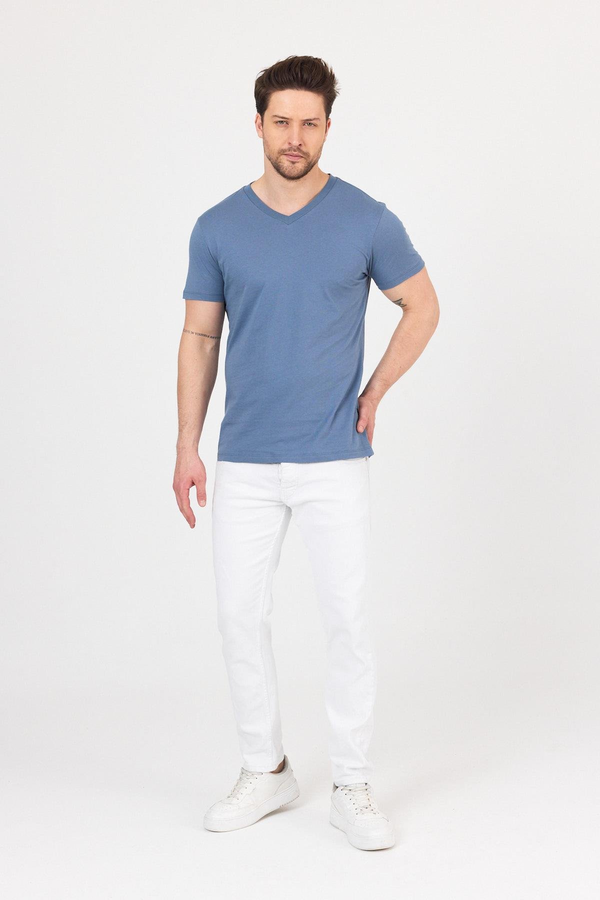 FİHA/9035-ERKEK COMPACT PENYE V YAKA T-SHIRT - TURKUAZ