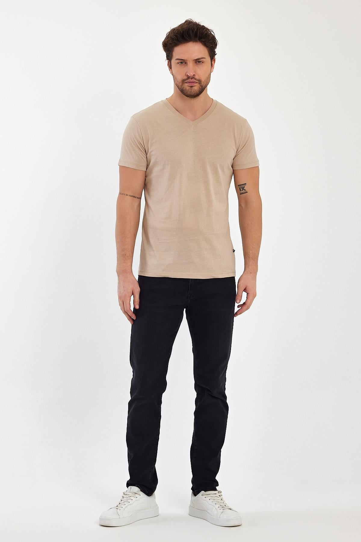 FİHA/9035-ERKEK COMPACT PENYE V YAKA T-SHIRT - OXFORD TAN