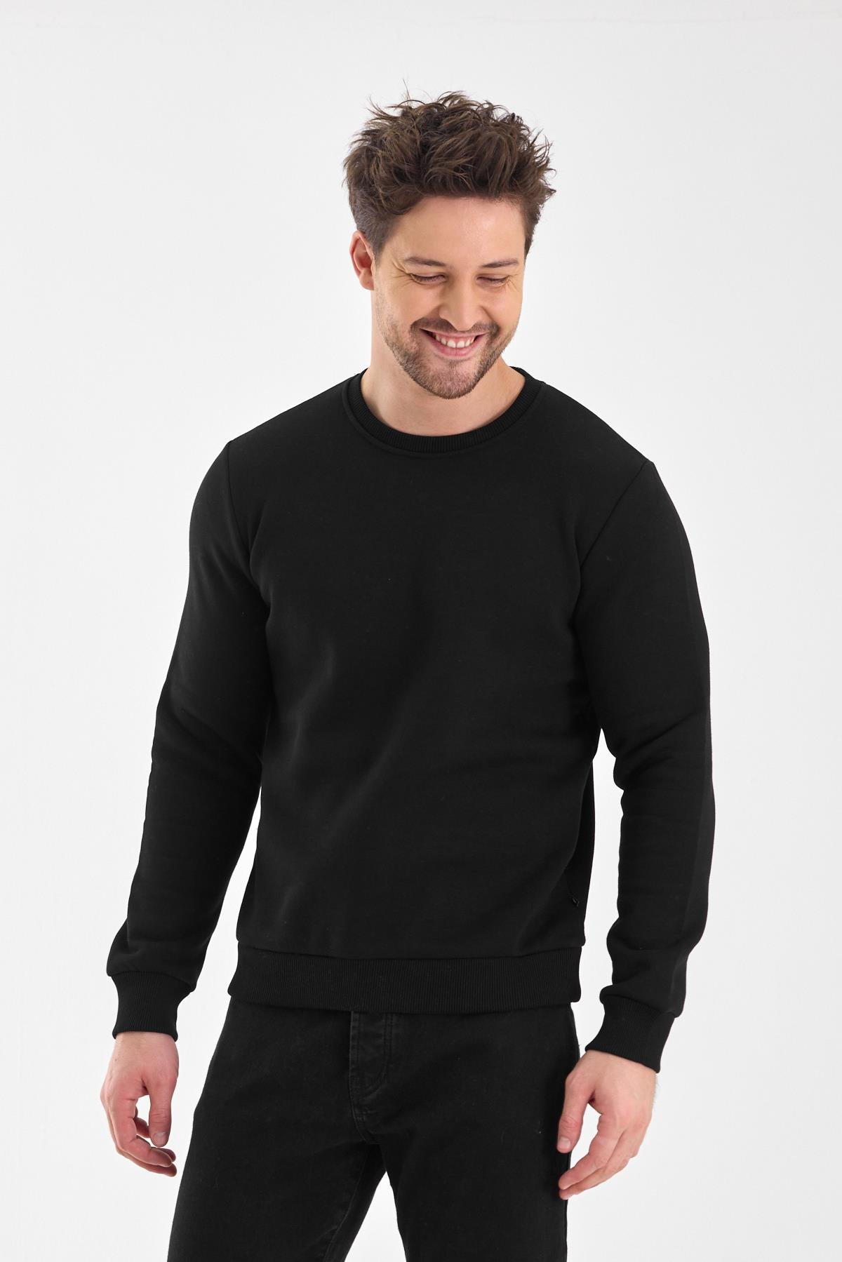FİHA/9089-ERKEK ŞARDONLU SIFIR YAKA SWEAT - SİYAH