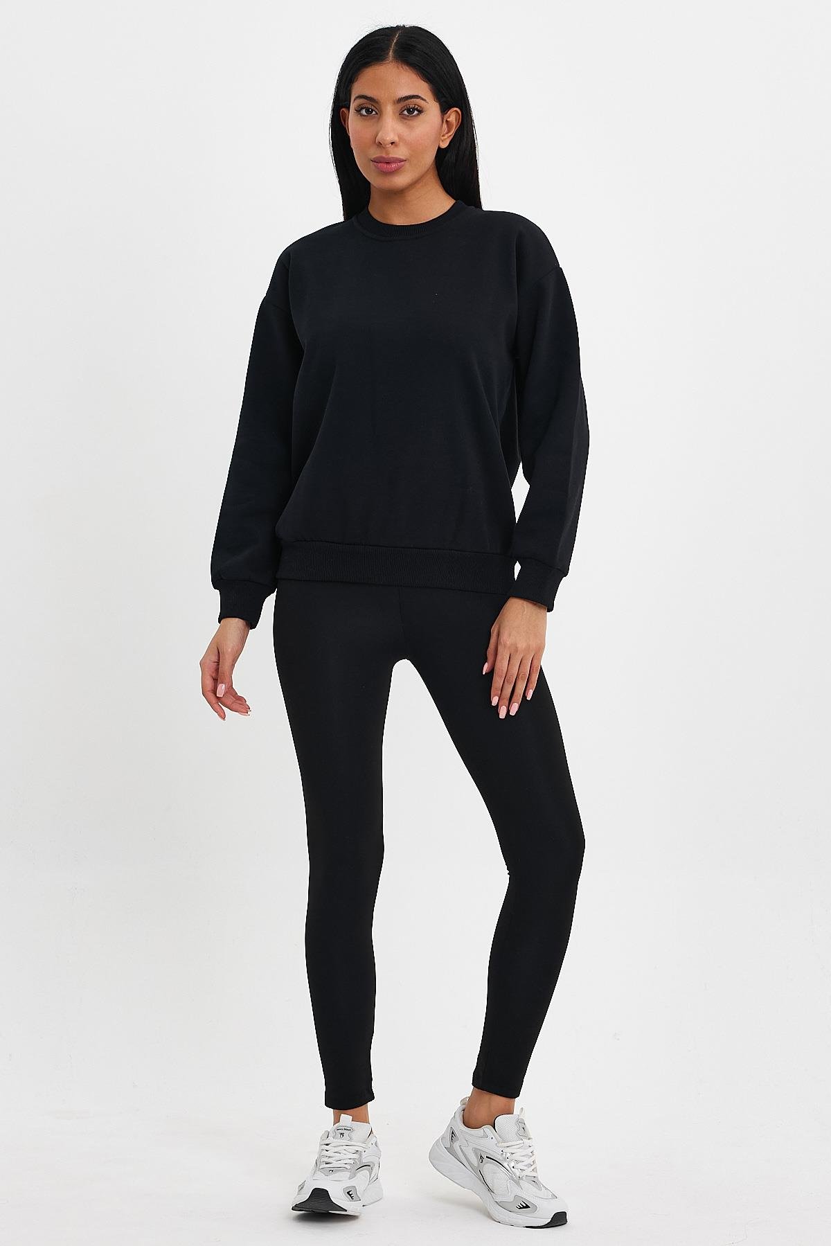FİHA/9091-KADIN ŞARDONLU OVERSIZE SIFIR YAKA SWEAT - SİYAH