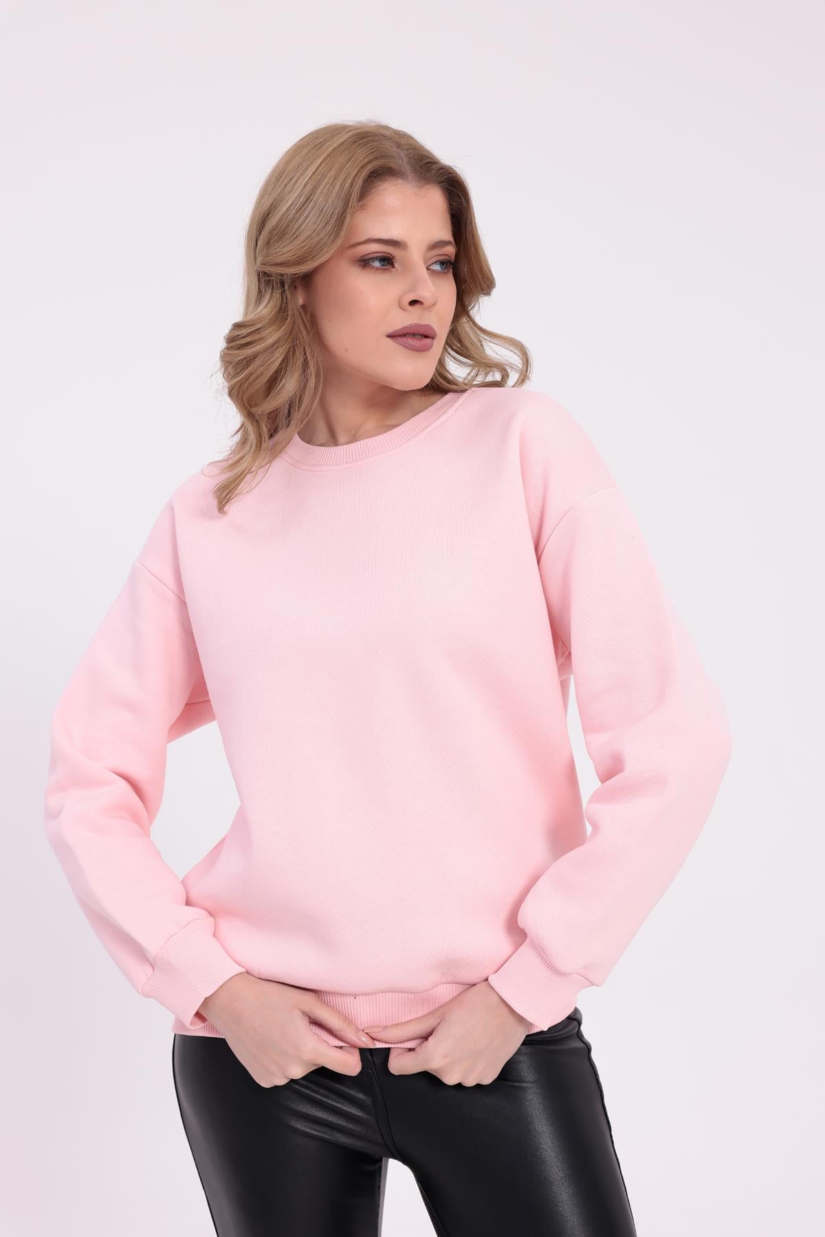 FİHA/9091-KADIN ŞARDONLU OVERSIZE SIFIR YAKA SWEAT - PEMBE