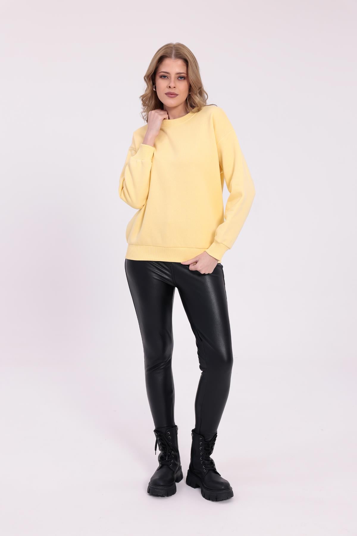 FİHA/9091-KADIN ŞARDONLU OVERSIZE SIFIR YAKA SWEAT - SARI