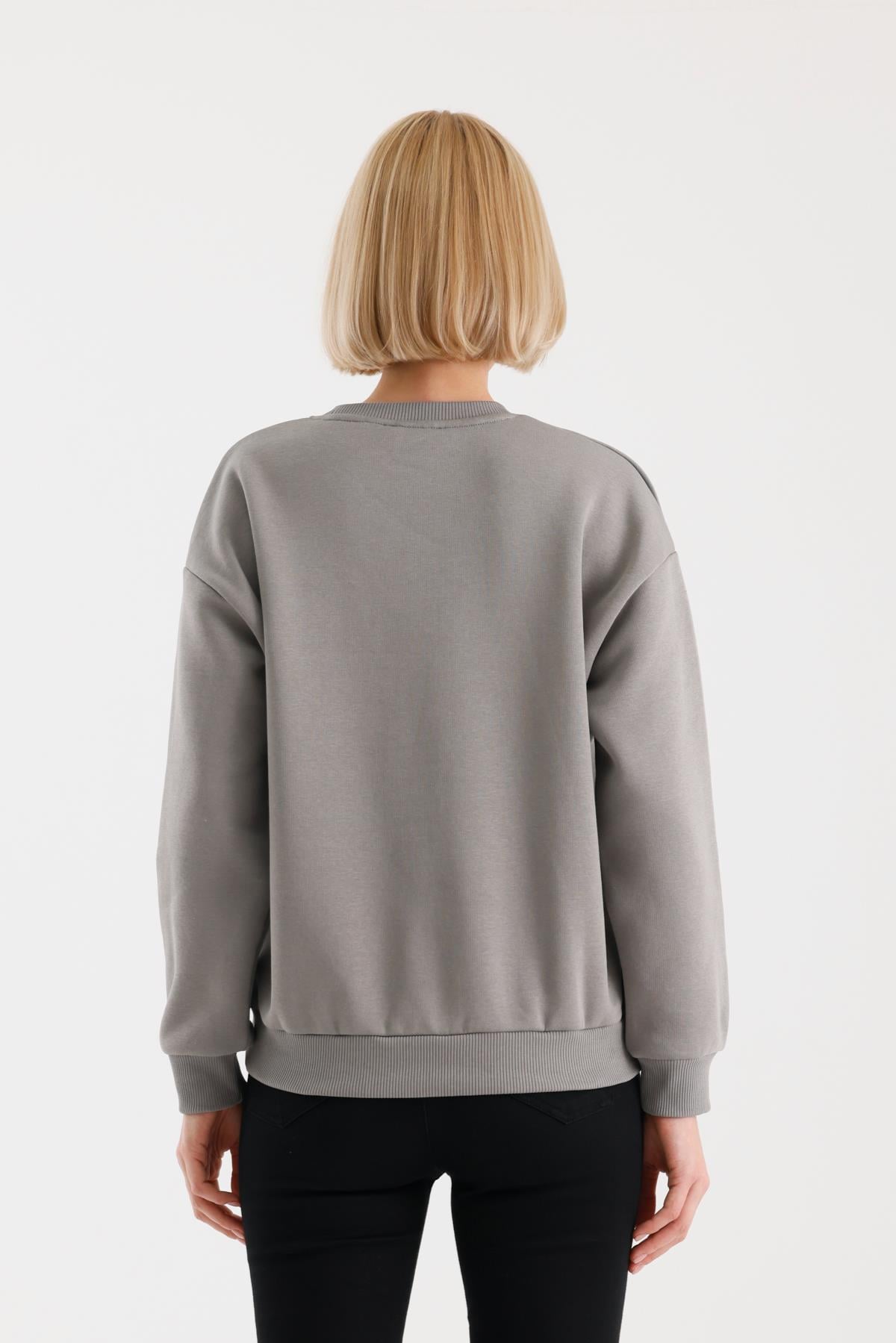 FİHA/9091-KADIN ŞARDONLU OVERSIZE SIFIR YAKA SWEAT - GRİ