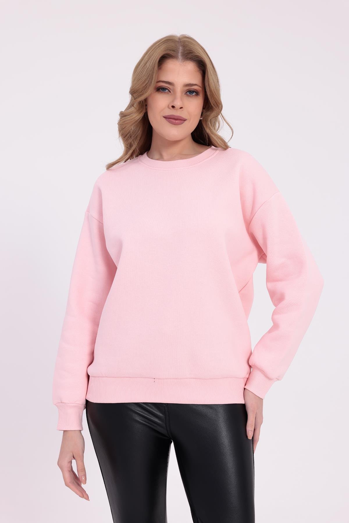 FİHA/9091-KADIN ŞARDONLU OVERSIZE SIFIR YAKA SWEAT - PEMBE