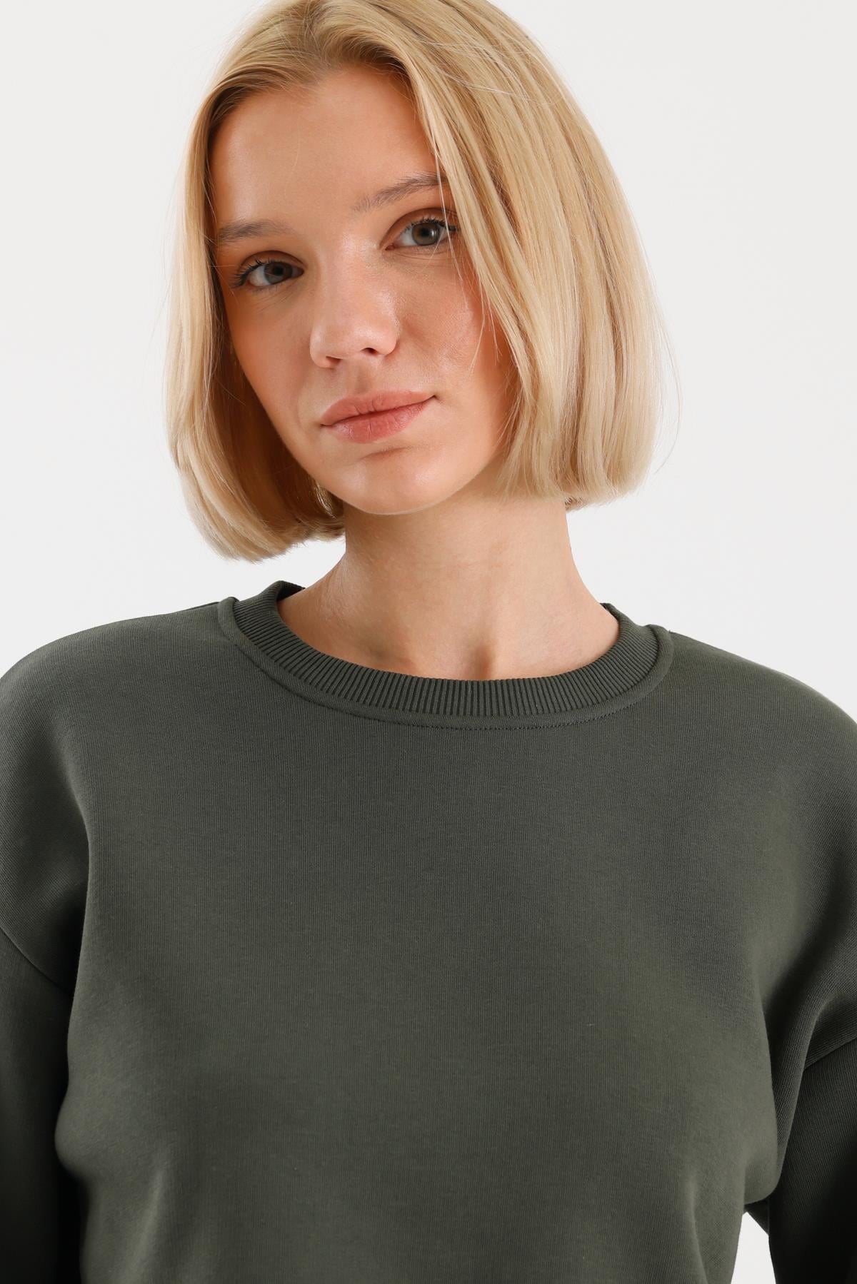 FİHA/9091-KADIN ŞARDONLU OVERSIZE SIFIR YAKA SWEAT - HAKİ