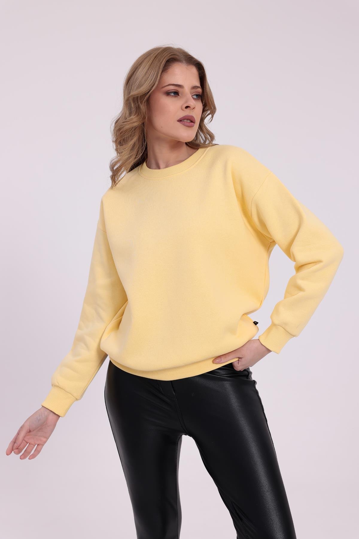 FİHA/9091-KADIN ŞARDONLU OVERSIZE SIFIR YAKA SWEAT - SARI