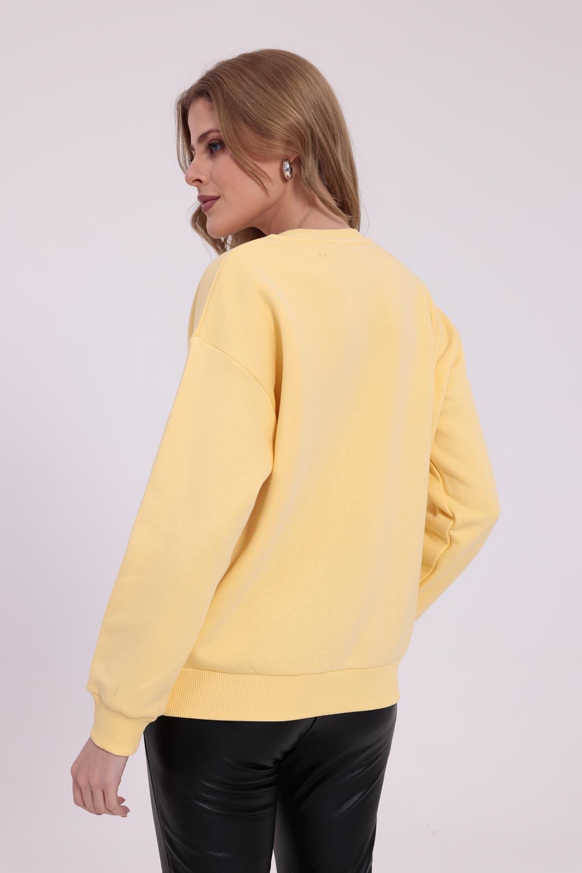 FİHA/9091-KADIN ŞARDONLU OVERSIZE SIFIR YAKA SWEAT - SARI