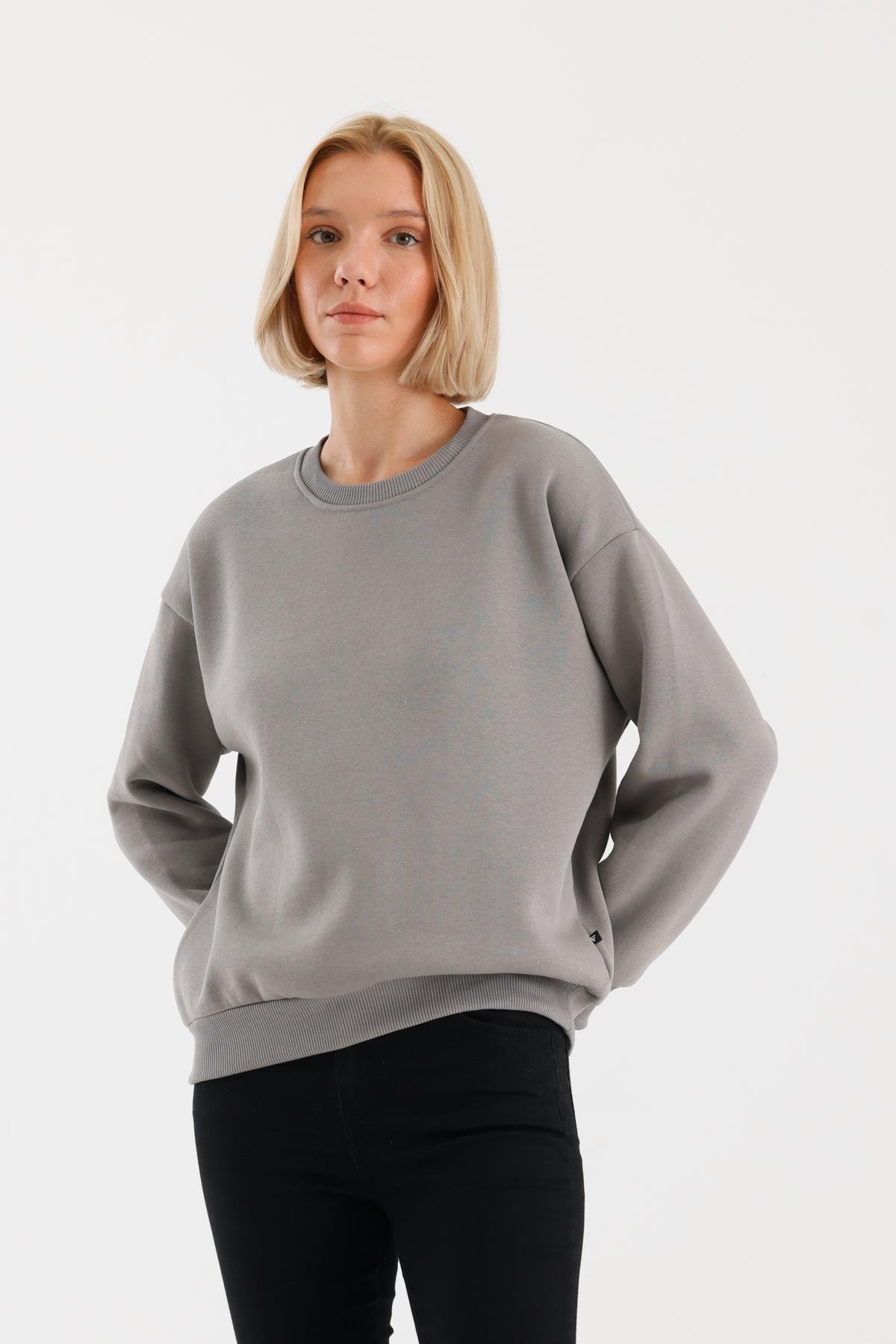 FİHA/9091-KADIN ŞARDONLU OVERSIZE SIFIR YAKA SWEAT - GRİ