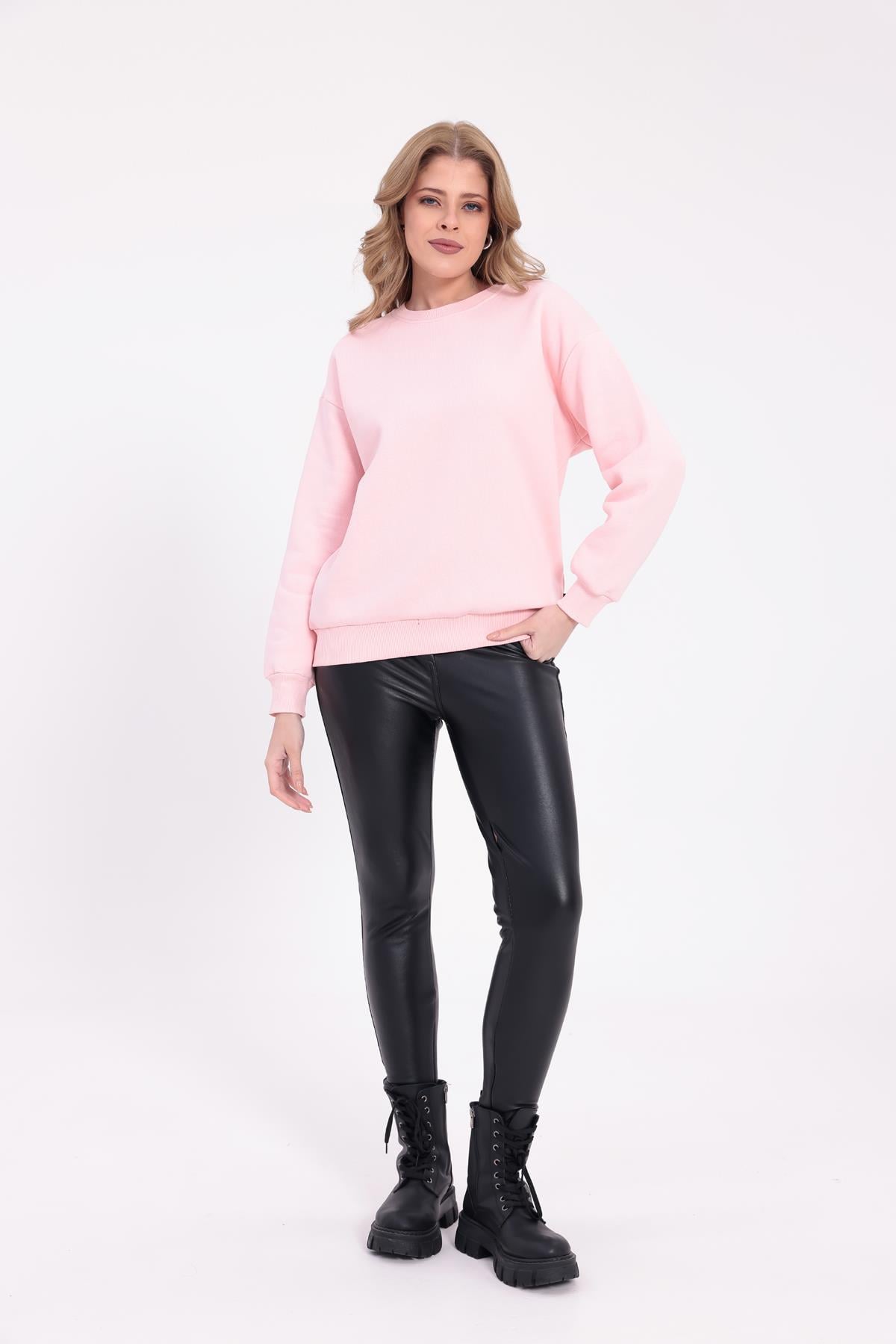 FİHA/9091-KADIN ŞARDONLU OVERSIZE SIFIR YAKA SWEAT - PEMBE