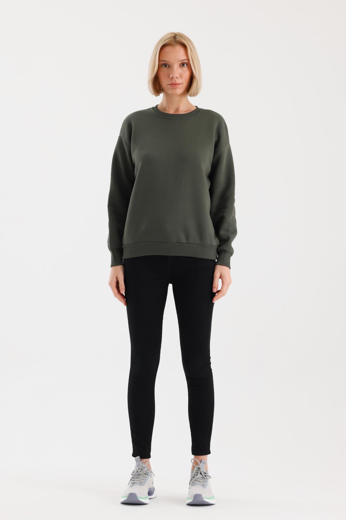 FİHA/9091-KADIN ŞARDONLU OVERSIZE SIFIR YAKA SWEAT - HAKİ