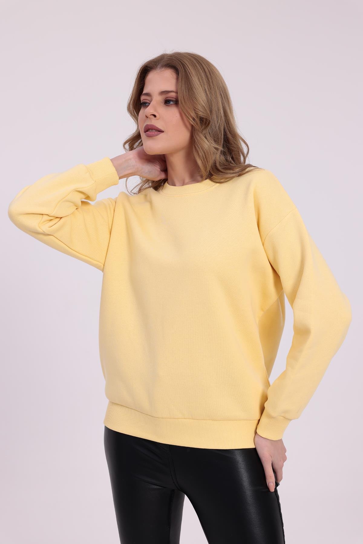 FİHA/9091-KADIN ŞARDONLU OVERSIZE SIFIR YAKA SWEAT - SARI