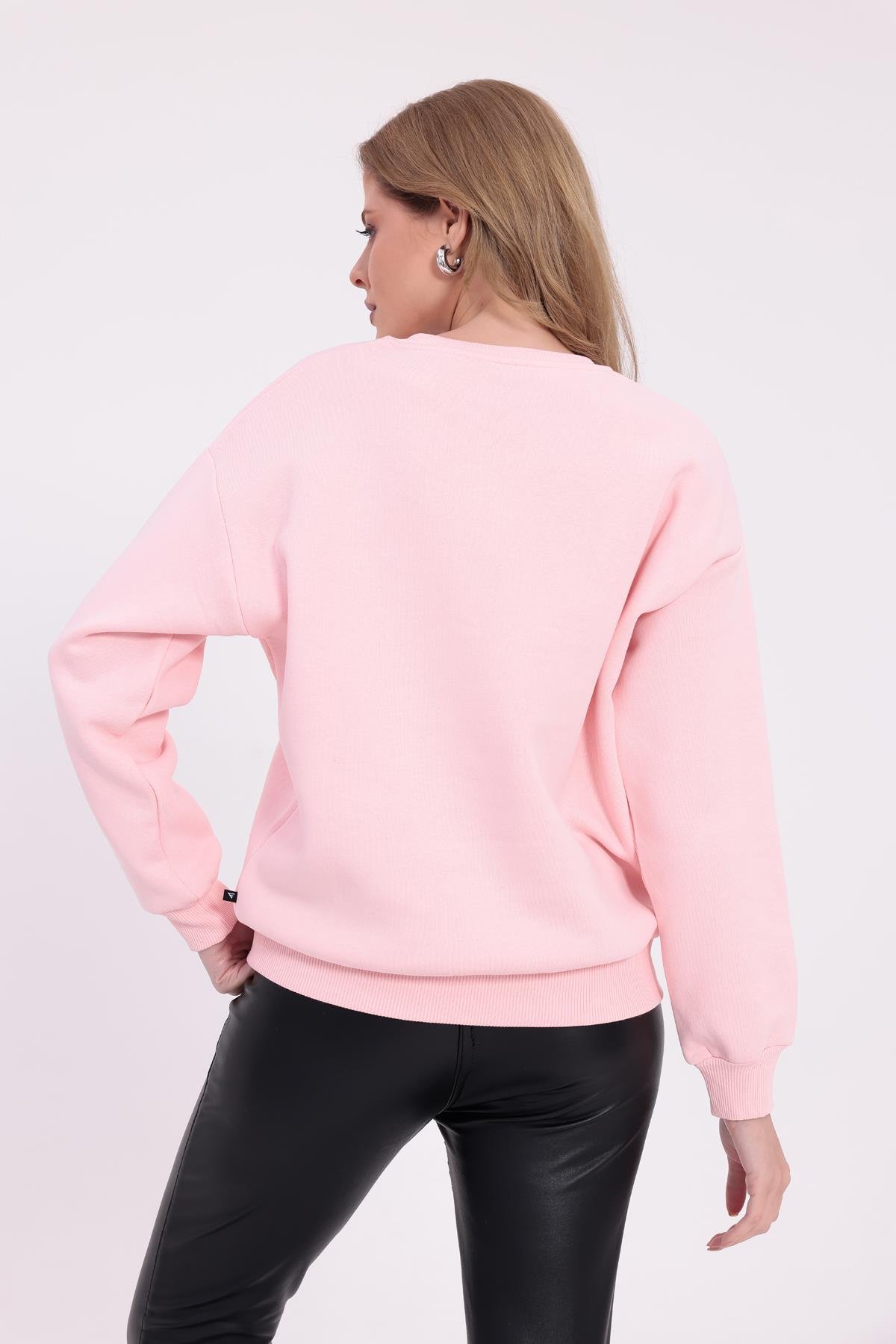 FİHA/9091-KADIN ŞARDONLU OVERSIZE SIFIR YAKA SWEAT - PEMBE