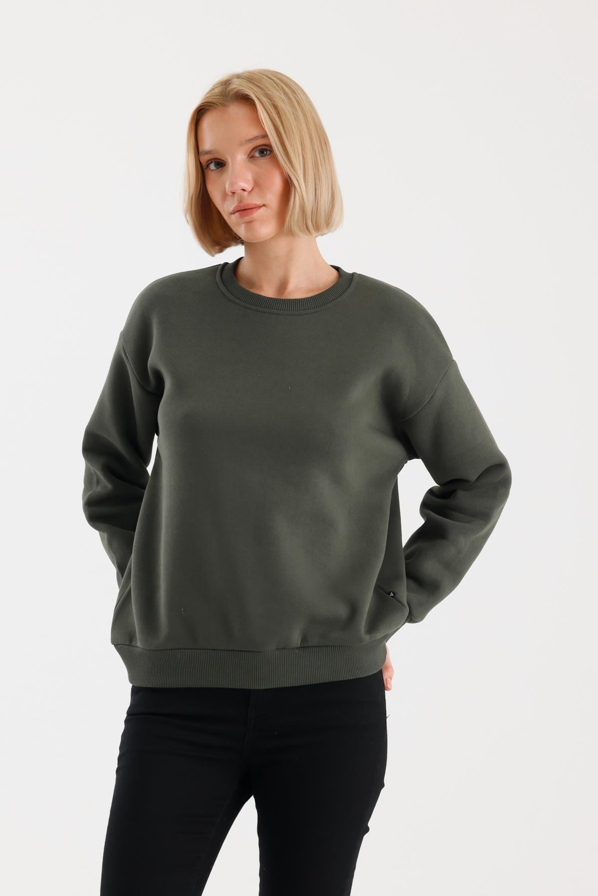 FİHA/9091-KADIN ŞARDONLU OVERSIZE SIFIR YAKA SWEAT - HAKİ