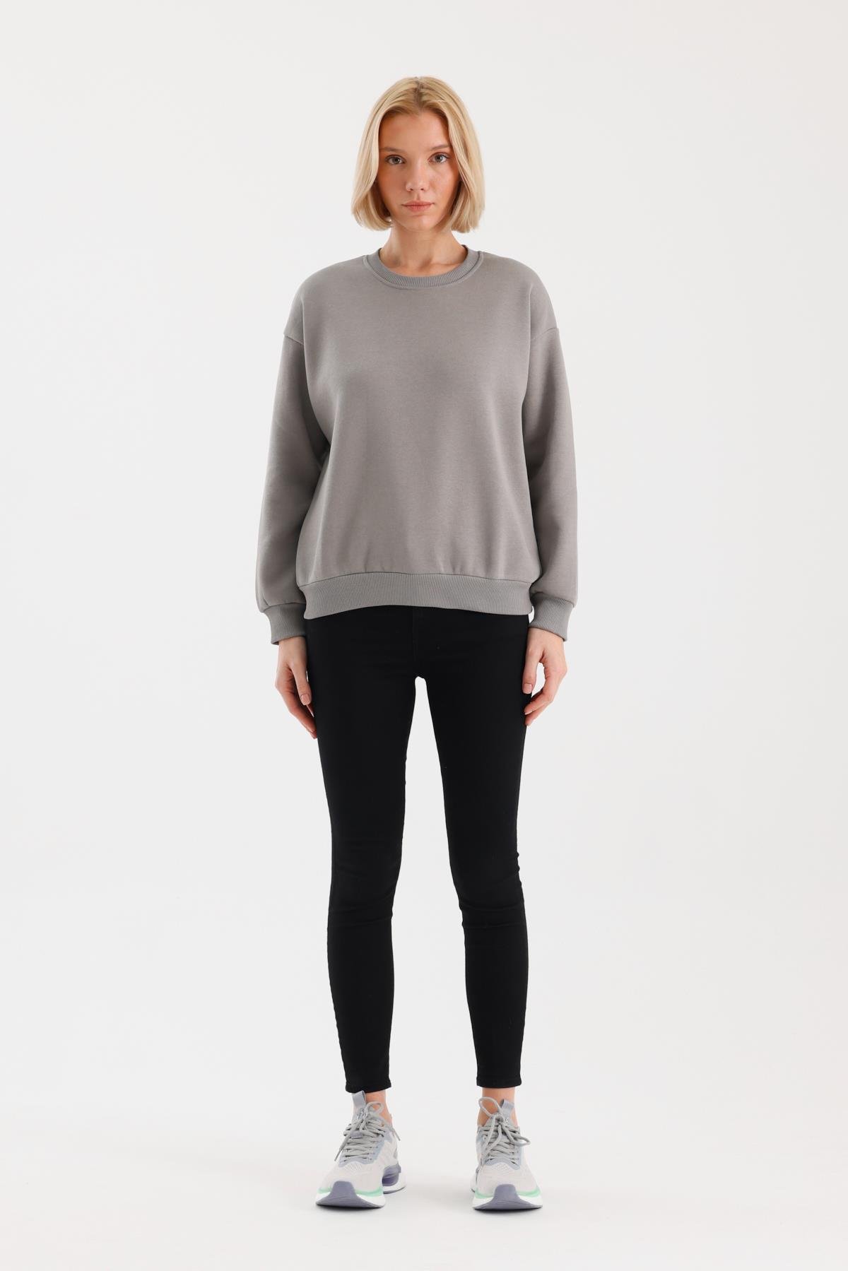 FİHA/9091-KADIN ŞARDONLU OVERSIZE SIFIR YAKA SWEAT - GRİ