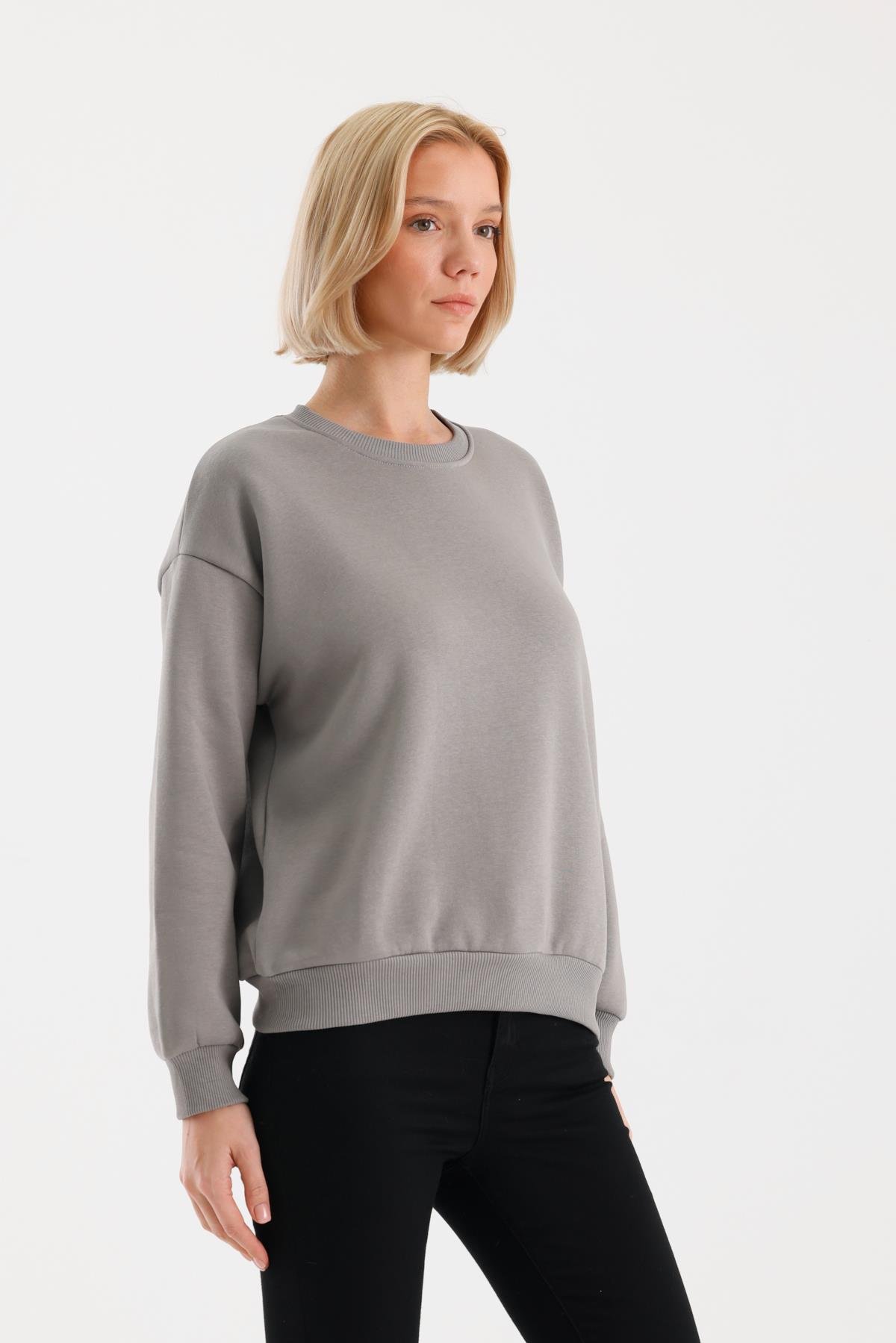 FİHA/9091-KADIN ŞARDONLU OVERSIZE SIFIR YAKA SWEAT - GRİ