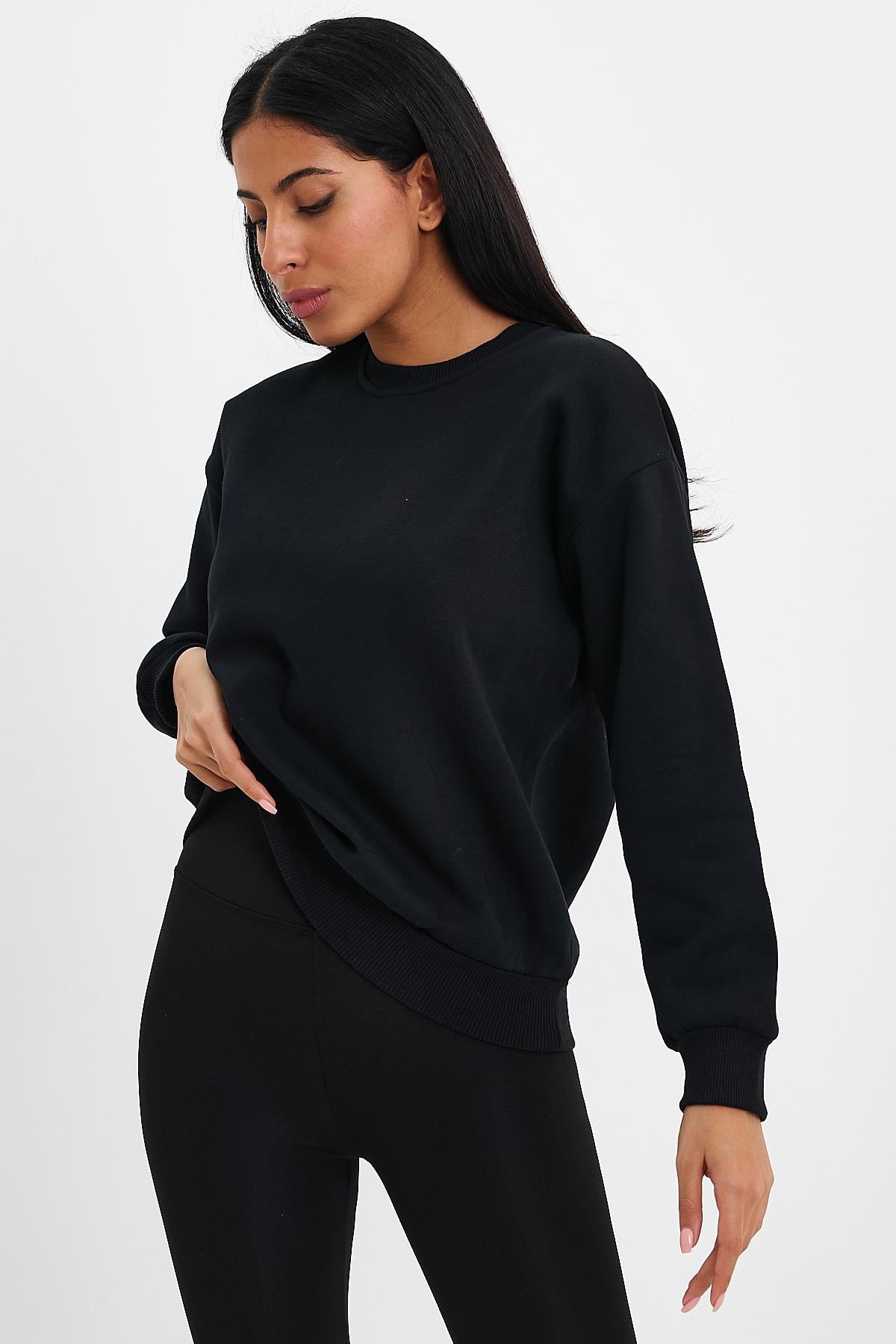FİHA/9091-KADIN ŞARDONLU OVERSIZE SIFIR YAKA SWEAT - SİYAH