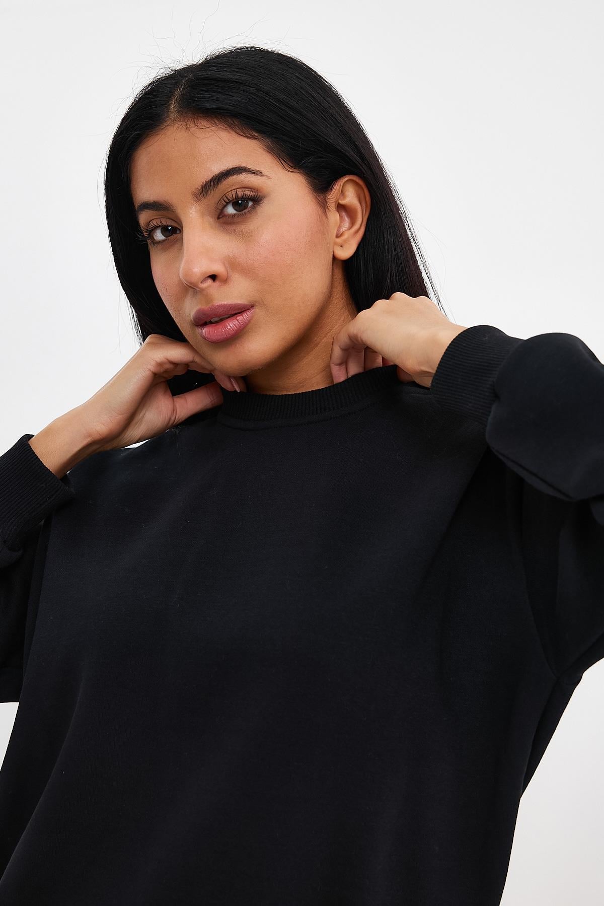 FİHA/9091-KADIN ŞARDONLU OVERSIZE SIFIR YAKA SWEAT - SİYAH