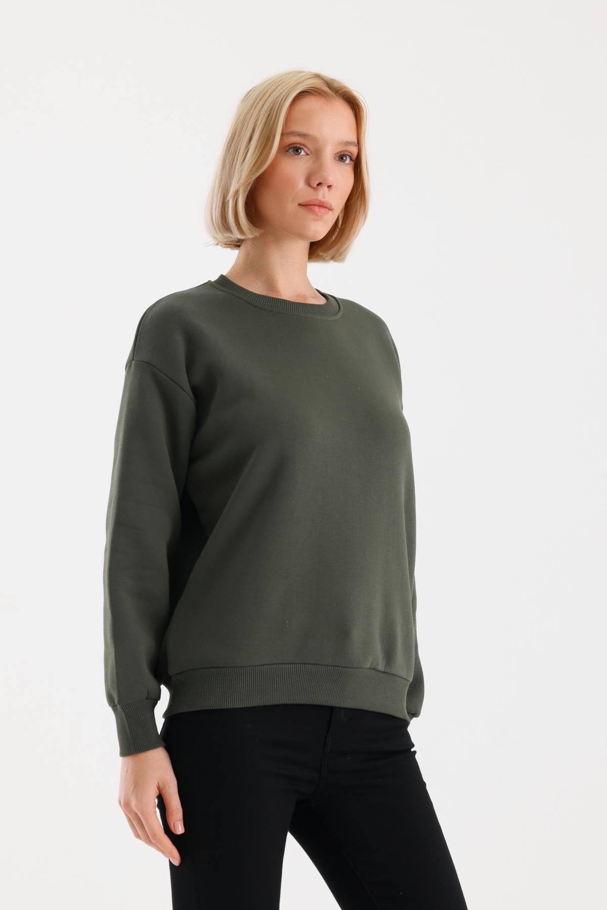 FİHA/9091-KADIN ŞARDONLU OVERSIZE SIFIR YAKA SWEAT - HAKİ
