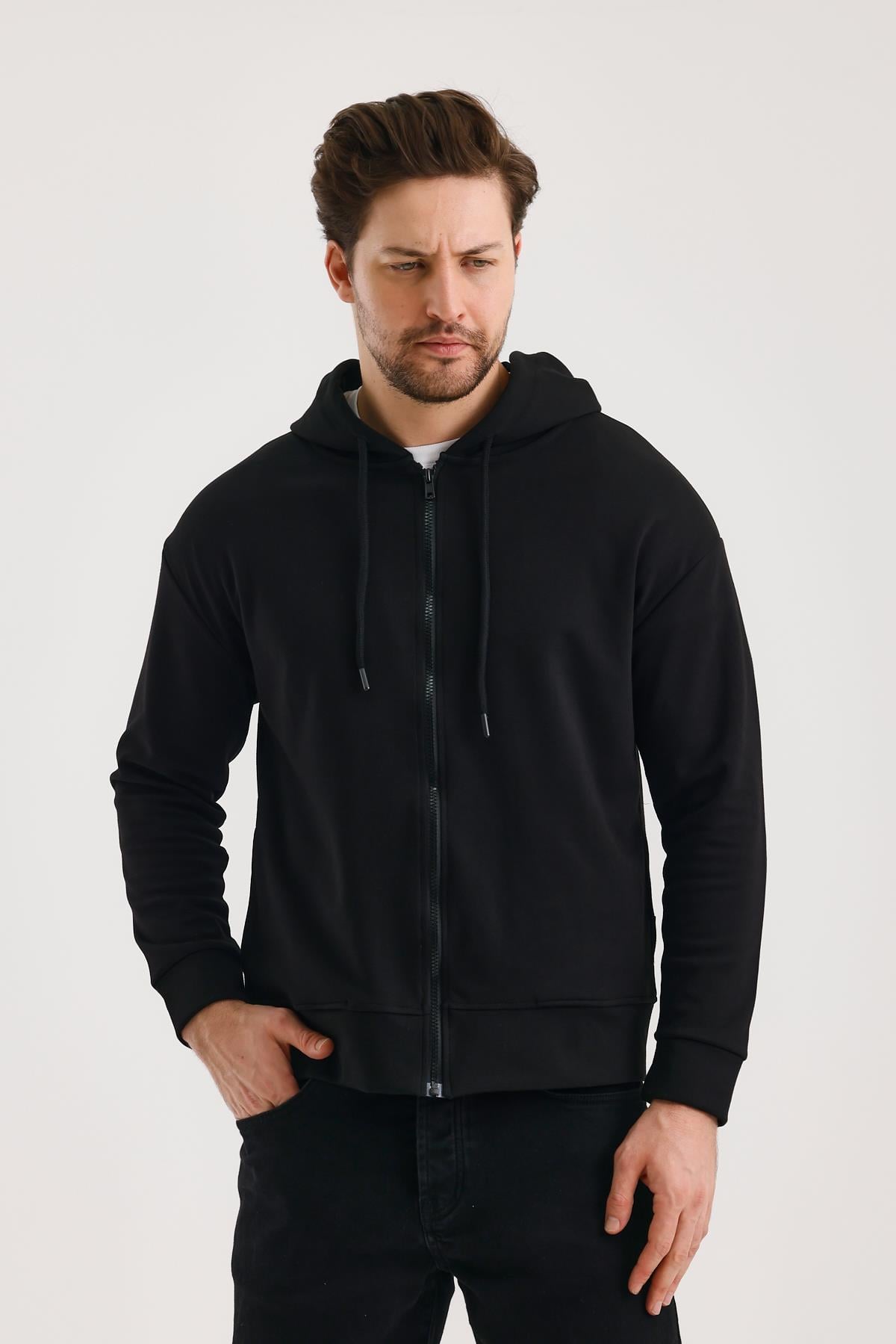FİHA/9108-UNISEX KAPŞONLU FERMUARLI YANDAN GİRME CEPLİ SWEAT - SİYAH