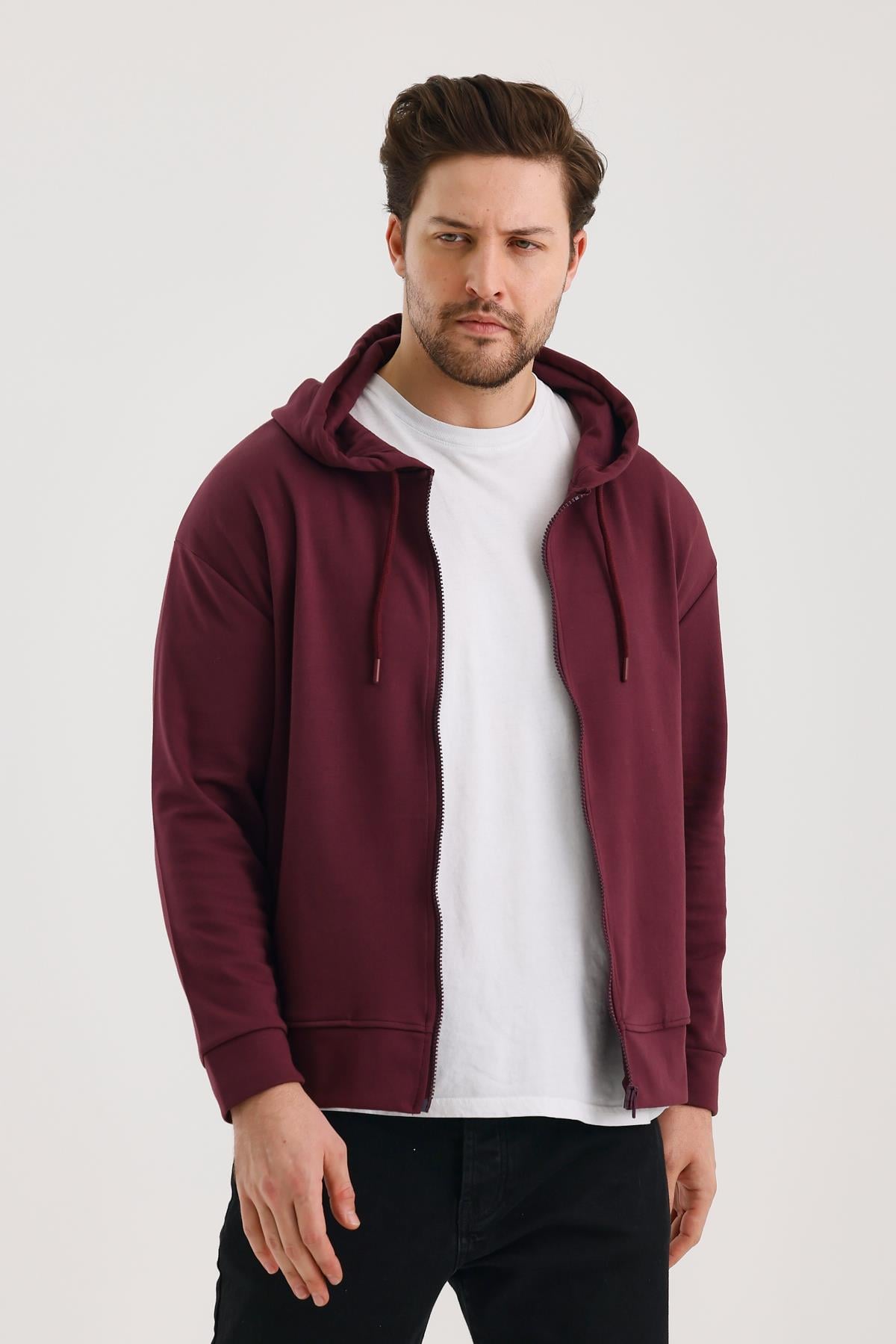 FİHA/9108-UNISEX KAPŞONLU FERMUARLI YANDAN GİRME CEPLİ SWEAT - MAUVE WINE