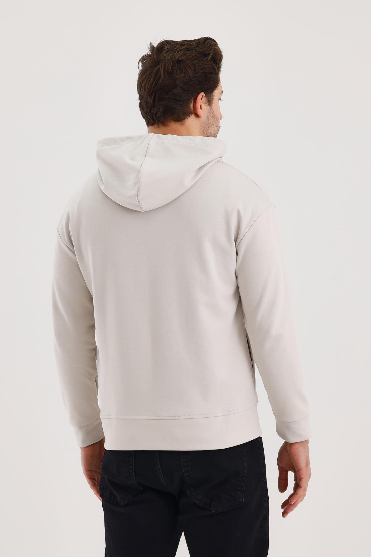 FİHA/9108-UNISEX KAPŞONLU FERMUARLI YANDAN GİRME CEPLİ SWEAT - TAŞ