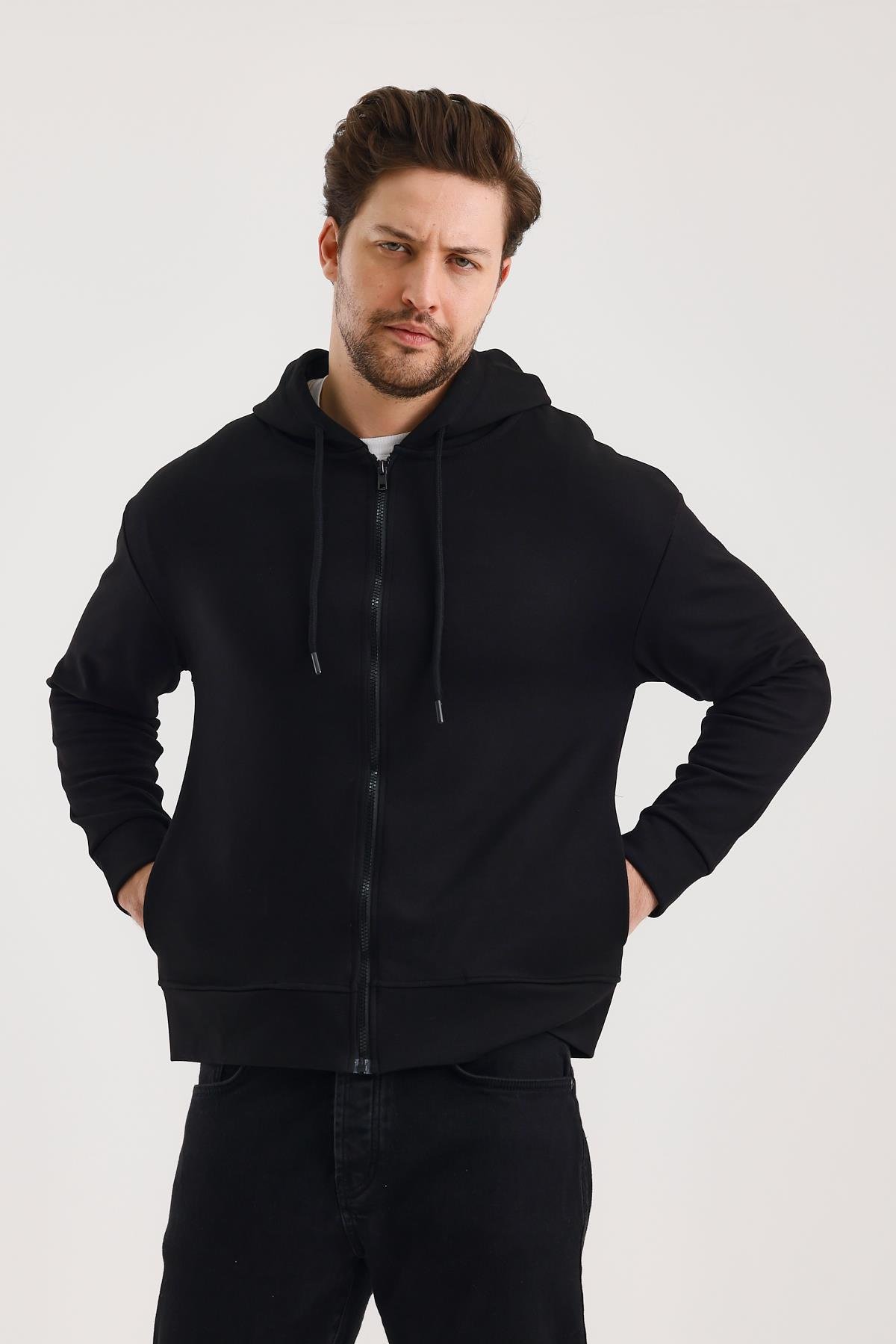 FİHA/9108-UNISEX KAPŞONLU FERMUARLI YANDAN GİRME CEPLİ SWEAT - SİYAH
