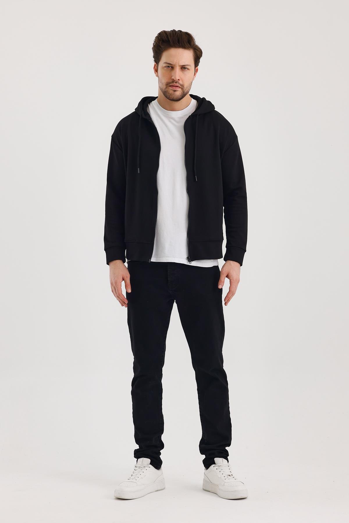 FİHA/9108-UNISEX KAPŞONLU FERMUARLI YANDAN GİRME CEPLİ SWEAT - SİYAH