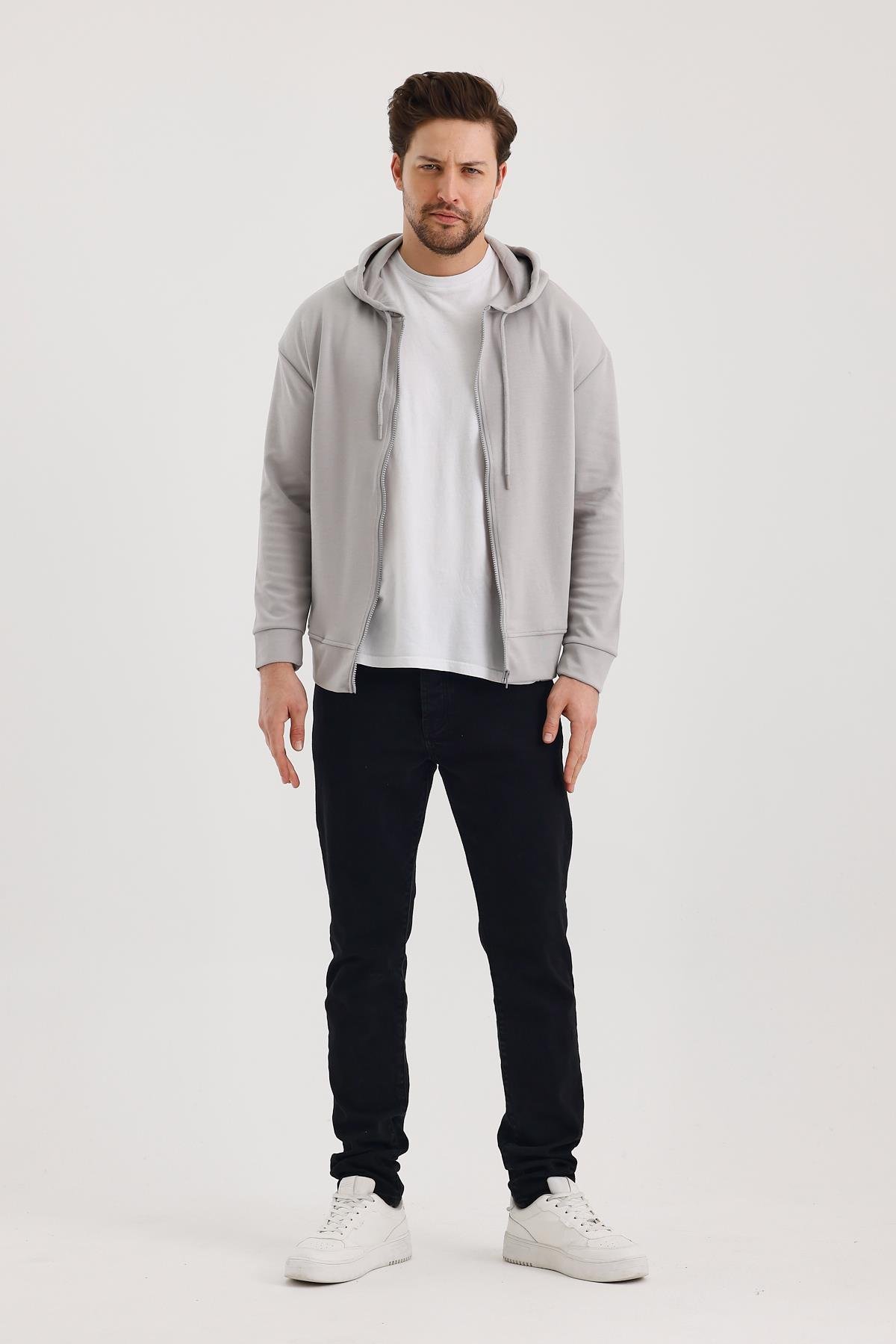 FİHA/9108-UNISEX KAPŞONLU FERMUARLI YANDAN GİRME CEPLİ SWEAT - GRİ