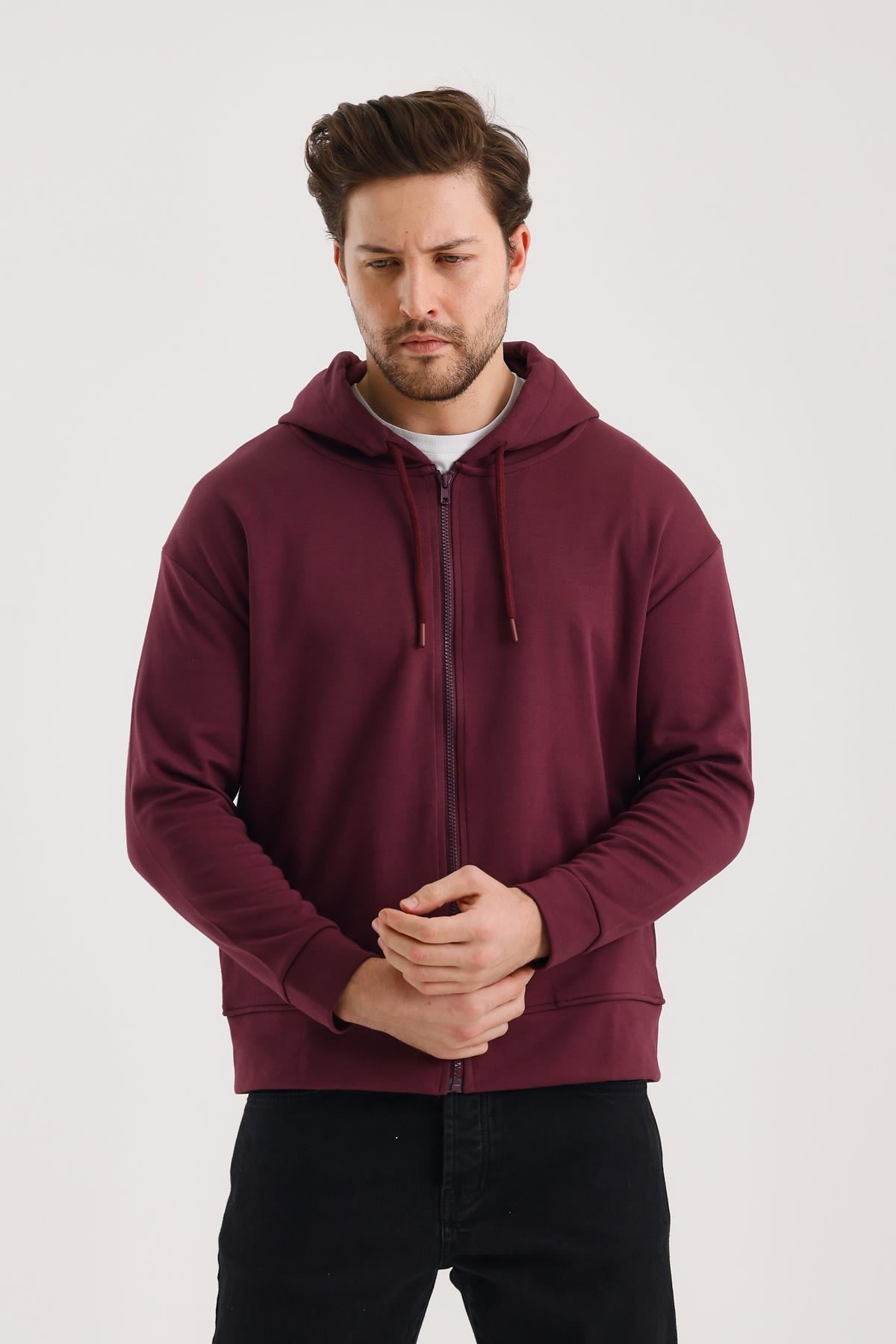 FİHA/9108-UNISEX KAPŞONLU FERMUARLI YANDAN GİRME CEPLİ SWEAT - MAUVE WINE