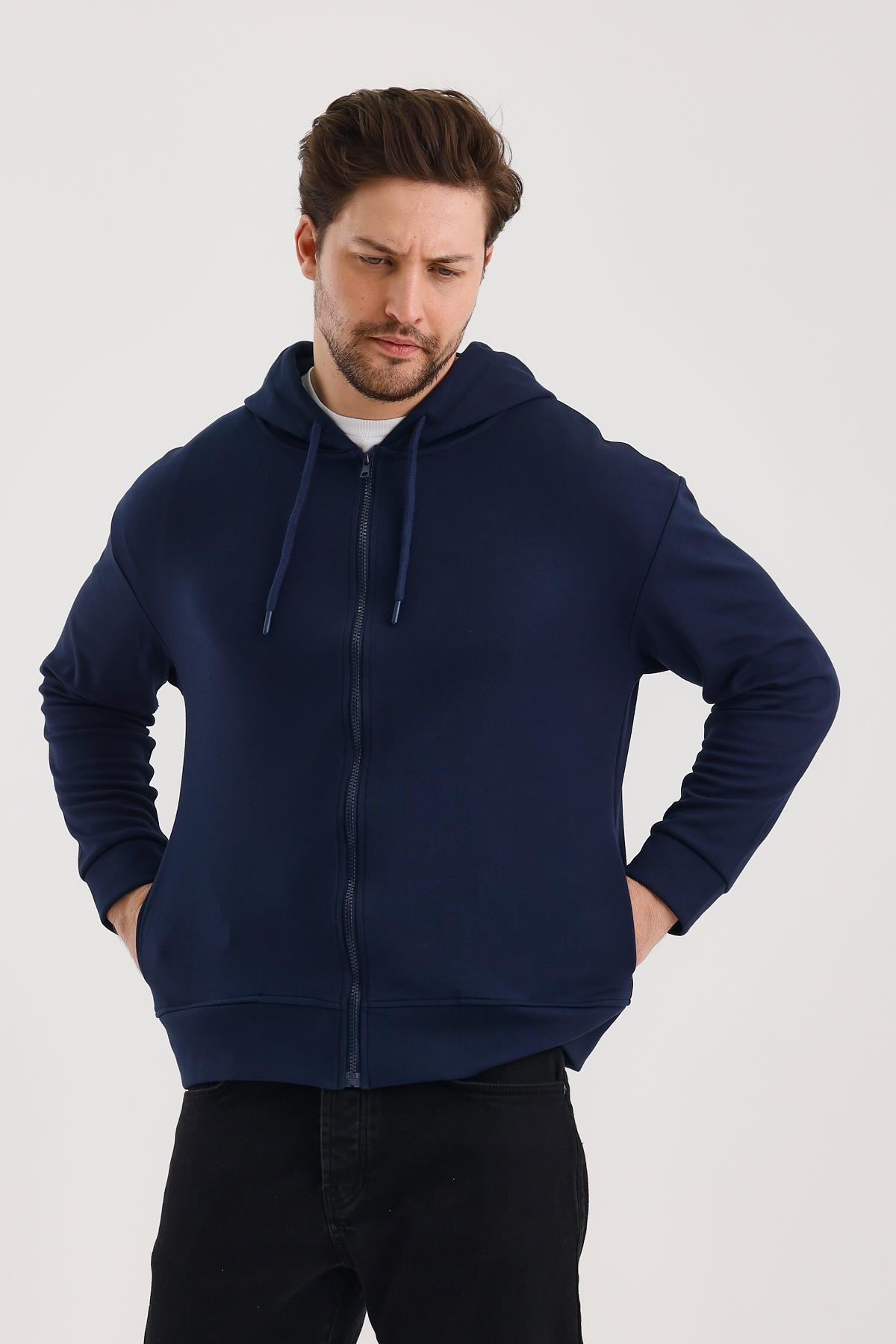 FİHA/9108-UNISEX KAPŞONLU FERMUARLI YANDAN GİRME CEPLİ SWEAT - LACİVERT